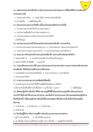 (3)
12. องค์กรปกครองส่วนท้องถิ่น อาจทางบประมาณรายจ่ายเฉพาะการได้โดยได้รับความเห็นชอบ
จากหน่วยงานใด
ก. กระทรวงมหาดไทย ข. กรมส่งเสริมการปกครองส่วนท้องถิ่น
ค. สภาท้องถิ่น ง. ไม่มีข้อใดถูกต้อง
13. เงินงบประมาณประเภทใดที่อาจตั้งจ่ายเงินช่วยเหลือระหว่างกันได้
ก. งบประมาณรายจ่ายทั่วไปกับงบประมาณกลาง
ข. งบประมาณเพิ่มเติมกับงบประมาณเฉพาะการ
ค. งบประมาณเฉพาะการกับงบประมาณรายจ่ายทั่วไป
ง. ไม่มีข้อใดถูก
14. งบประมาณรายจ่ายทั่วไปขององค์กรปกครองส่วนท้องถิ่น ประกอบด้วย
ก. รายจ่ายงบกลางและรายจ่ายตามแผนงาน ข. รายจ่ายเฉพาะการและรายจ่ายเฉพาะกิจ
ค. รายจ่ายงบกลางและรายจ่ายประจา ง. รายจ่ายประจาและรายจ่ายชั่วคราว
15. ประมาณรายรับขององค์กรปกครองส่วนท้องถิ่น ประกอบด้วยเงินหมวดใดบ้าง
ก. หมวดภาษีอากร ข. หมวดค่าธรรมเนียม ค่าปรับและใบอนุญาต
ค. หมวดรายได้จากทรัพย์สิน ง. ถูกทุกข้อ
16. รายละเอียดประเภทรายได้ และรายจ่ายตามงบประมาณรายจ่าย เฉพาะการขององค์กรปกครอง
ส่วนท้องถิ่น ให้เป็นไปตามที่หน่วยงานใดกาหนด
ก. กรมส่งเสริมการปกครองส่วนท้องถิ่น ข. กรมการปกครอง ค. สภาท้องถิ่น
ง. กระทรวงมหาดไทย
17. การตรางบประมาณรายจ่ายเพิ่มเติมได้ต่อเมื่อ
ก. งบประมาณรายจ่ายประจาปีได้รับอนุมัติแล้วไม่พอแก่การใช้จ่าย
ข. มีความจาเป็นต้องตั้งรายจ่ายขึ้นใหม่ ค. ถูกทั้ง ข้อ ก. และ ข
. ง. ไม่มีข้อใดถูก
18. เมื่อคณะผู้บริหารท้องถิ่น ได้พิจารณาอนุมัติให้ตั้งเงินงบประมาณยอดใด เป็นงบประมาณ
ประจาปี ให้เจ้าหน้าที่งบประมาณรายจ่าย และจัดทาร่างงบประมาณรายจ่ายเสนอต่อคณะผู้บริหาร
ท้องถิ่นอีกครั้ง เพื่อคณะผู้บริหารท้องถิ่นได้นาเสนอต่อสภาท้องถิ่นภายในวันที่เท่าใดของเดือน
สิงหาคม
ก. 15 สิงหาคม ข. 20 สิงหาคม ค. 25 สิงหาคม
ง. 30 สิงหาคม
19. ใครเป็นผู้มีอานาจในการอนุมัติการโอนเงินงบประมาณรายจ่ายต่างๆ
ก. ผู้ว่าราชการจังหวัด ข. เจ้าหน้าที่งบประมาณ
ค. สภาท้องถิ่น โดยความเห็นชอบจากผู้ว่าราชการจังหวัด ง. คณะผู้บริหารท้องถิ่น
รวมรวมนาเผยแพร่โดย ประพันธ์ เวารัมย์ เจ้าหน้าที่วิเคราะห์นโยบายและแผน 6 ว เทศบาลตาบลนาป่าแซง อ.ปทุมราชวงศา จ.อานาจเจริญ http://valrom2012.fix.gs

 