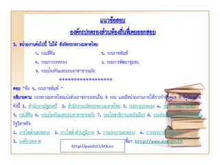 แนวข้อสอบ
องค์กรปกครองส่วนท้องถินทึเ่ คยออกสอบ
่
5. หน่วยงานต่อไปนี้ ไม่ได้ สังกัดกระทรวงมหาดไทย
ก. กรมที่ดิน
ข. กรมราชทัณฑ์
ค. กรมการปกครอง
ง. กรมการพัฒนาชุมชน
จ. กรมป้องกันและบรรเทาสาธารณภัย
******************
ตอบ “ข้อ ข. กรมราชทัณฑ์ ”
อธิบายตาม กระทรวงมหาดไทยแบ่งส่วนราชการออกเป็น 8 กรม และมีหน่วยงานภายใต้การกากับดูแล 5 รัฐวิสาหกิจ
ดังนี้ 1. สานักงานรัฐมนตรี 2. สานักงานปลัดกระทรวงมหาดไทย 3. กรมการปกครอง 4. กรมการพัฒนาชุมชน
5. กรมที่ดิน 6. กรมป้องกันและบรรเทาสาธารณภัย 7. กรมโยธาธิการและผังเมือง 8. กรมส่งเสริมการปกครองท้องถิ่น
รัฐวิสาหกิจ
1. การไฟฟ้านครหลวง 2. การไฟฟ้าส่วนภูมิภาค 3. การประปานครหลวง 4. การประปาส่วนภูมิภาค
5. องค์การตลาด
ที่มา http://www.moi.go.th
http://pun2013.bth.cc

 