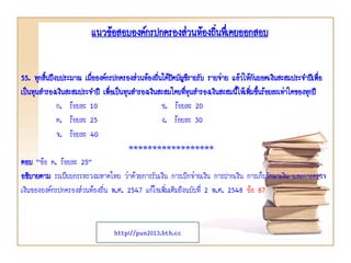 แนวข้อสอบองค์กรปกครองส่วนท้องถิ่นทึ่เคยออกสอบ
55. ทุกสินปีงบประมาณ เมือองค์กรปกครองส่วนท้องถิ่นได้ปดบัญชีรายรับ รายจ่าย แล้วให้กนยอดเงินสะสมประจาปีเพื่อ
้
่
ิ
ั
เป็นทุนสารองเงินสะสมประจาปี เพื่อเป็นทุนสารองเงินสะสมโดยที่ทุนสารองเงินสะสมนี้ให้เพิมขึนร้อยละเท่าใดของทุกปี
่ ้
ก. ร้อยละ 10
ข. ร้อยละ 20
ค. ร้อยละ 25
ง. ร้อยละ 30
จ. ร้อยละ 40
******************
ตอบ “ข้อ ค. ร้อยละ 25”
อธิบายตาม ระเบียบกระทรวงมหาดไทย ว่าด้วยการรับเงิน การเบิกจ่ายเงิน การฝากเงิน การเก็บรักษาเงิน และการตรวจ
เงินขององค์กรปกครองส่วนท้องถิ่น พ.ศ. 2547 แก้ไขเพิ่มเติมถึงฉบับที่ 2 พ.ศ. 2548 ข้อ 87

http://pun2013.bth.cc

 