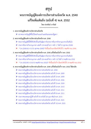 สรุป
พระราชบัญญัติองค์การบริหารส่วนจังหวัด พ.ศ. 2540
แก้ไขเพิ่มเติมถึง (ฉบับที่ 4) พ.ศ. 2552
โดย ประพันธ์ เวารัมย์
***************************
1. พระราชบัญญัติองค์การบริหารส่วนจังหวัด
ตราพระราชบัญญัติขึ้นไว้โดยคําแนะนําและยินยอมของรัฐสภา
2. พระราชบัญญัติองค์การบริหารส่วนจังหวัด พ.ศ. 2540
พระราชบัญญัตินี้ให้ใช้บังคับตั้งแต่วันถัดจากวันประกาศในราชกิจจานุเบกษาเป็นต้นไป
ประกาศในราชกิจจานุเบกษา เล่มที่ 114 ตอนที่ 62 ก หน้า 1 วันที่ 31 ตุลาคม 25540
* [รก.2540/62 ก/1/31 ตุลาคม 2540]* ดังนั้นฉบับแรกมีผลบังคับใช้ 1 พฤศจิกายน 2540
3. พระราชบัญญัติองค์การบริหารส่วนจังหวัด พ.ศ. 2540 แก้ไขถึงฉบับที่ 4 พ.ศ. 2552
พระราชบัญญัตินี้ให้ใช้บังคับตั้งแต่วันถัดจากวันประกาศในราชกิจจานุเบกษาเป็นต้นไป
ประกาศในราชกิจจานุเบกษา เล่มที่ 126 ตอนที่ 85 ก หน้า 10 วันที่ 13 พฤศิกายน 2552
* [รก.2552/85 ก/10/13 พฤศจิกายน 2552]* ดังนั้นฉบับที่ 4 มีผลบังคับใช้ 14 พฤศจิกายน 2552
4. พระราชบัญญัติองค์การบริหารส่วนจังหวัด พ.ศ. 2540 แก้ไขถึงฉบับที่ 4 พ.ศ. 2552 ให้ยกเลิก
พระราชบัญญัติระเบียบบริหารราชการส่วนจังหวัด พ.ศ. 2498
พระราชบัญญัติระเบียบบริหารราชการส่วนจังหวัด (ฉบับที่ 2) พ.ศ. 2499
พระราชบัญญัติระเบียบบริหารราชการส่วนจังหวัด (ฉบับที่ 3) พ.ศ. 2499
พระราชบัญญัติระเบียบบริหารราชการส่วนจังหวัด (ฉบับที่ 4) พ.ศ. 2506
พระราชบัญญัติระเบียบบริหารราชการส่วนจังหวัด (ฉบับที่ 5) พ.ศ. 2509
พระราชบัญญัติระเบียบบริหารราชการส่วนจังหวัด (ฉบับที่ 6) พ.ศ. 2510
พระราชบัญญัติระเบียบบริหารราชการส่วนจังหวัด (ฉบับที่ 7) พ.ศ. 2511
พระราชบัญญัติระเบียบบริหารราชการส่วนจังหวัด (ฉบับที่ 8) พ.ศ. 2511
ประกาศของคณะปฏิวัติ ฉบับที่ 93 ลงวันที่ 28 กุมภาพันธ์ พ.ศ. 2515
พระราชบัญญัติระเบียบบริหารราชการส่วนจังหวัด (ฉบับที่ 9) พ.ศ. 2521
พระราชบัญญัติระเบียบบริหารราชการส่วนจังหวัด (ฉบับที่ 10) พ.ศ. 2523

รวบรวมเผยแพรโดย ประพันธ เวารัมย http://pun2013.bth.cc http://pun.fix.gs http://valrom2012.fix.gs

หนา 1

 
