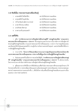 รายงานวิจัย : โครงการวิจัยและพัฒนากระบวนการปลูกฝังคุณธรรม จริยธรรม โดยอาศัยแนวทางพระบรมราโชวาทเรื่องคุณธรรม 4 ประการ เป็นพื้นฐานในการเรียนรู้สู่วิถี “เศรษฐกิจพอเพียง”

1.10	ทีมพี่เลี้ยง กระบวนการแลกเปลี่ยนเรียนรู้
1.	
2.	
3.	
4.	
5.	
6.	

นายพงษ์ศักดิ์ หมื่นศักดิ์ดา					
นายพงษ์ศักดิ์ สกุลทักษิณ					
ว่าที่ รต.นิพนธ์ วุฒิดารามาปกรณ์				
นางสาวจีรวรรณ หงส์ทอง					
นายภัทรพล ลัดดากุล						
นางสาวเรวดี สุวรรณนพเก้า					


1.11	ผลที่ ได้รับ

สถาบันวิจัยประชากรและสังคม
สถาบันวิจัยประชากรและสังคม
สถาบันวิจัยประชากรและสังคม
สถาบันวิจัยประชากรและสังคม
สถาบันวิจัยประชากรและสังคม
สถาบันวิจัยประชากรและสังคม

1.	 คู่มือ “การจัดกระบวนการการเรียนรู้อย่างมีส่วนร่วมสู่วิถี “เศรษฐกิจพอเพียง” ตามแนวทาง
พระบรมราโชวาทเรื่องคุณธรรม 4 ประการ” ซึ่งบรรจุรูปแบบและกระบวนการในการจัดการการเรียนรู้อย่างมี
ส่วนร่วมสู่วิถีเศรษฐกิจพอเพียง ตามแนวทางพระบรมราโชวาทเรื่องคุณธรรม 4 ประการ ในการปลูกฝังคุณธรรม

และจริยธรรมให้กับวัยรุ่นและบุคคลทั่วไป ควบคู่ไปกับการเกิดความตระหนักในคุณค่า และประโยชน์ที่จะได้รับจาก
การเรียนรู้สู่วิถีเศรษฐกิจพอเพียง
2.	 รายงานวิ จ ั ย “โครงการวิ จั ย และพั ฒ นากระบวนการปลู ก ฝั ง คุ ณ ธรรมจริ ย ธรรมโดยอาศั ย
แนวทางพระบรมราโชวาทเรื่องคุณธรรม 4 ประการเป็นพื้นฐานในการเรียนรู้สู่วิถีเศรษฐกิจพอเพียง”
3.	 วัยรุ่นและบุคคลทั่วไปเมื่อผ่านการอบรมโดยใช้คู่มือ “การจัดกระบวนการเรียนรู้อย่างมีส่วนร่วมสู่
วิถี “เศรษฐกิจพอเพียง” ตามแนวทางพระบรมราโชวาทเรื่องคุณธรรม 4 ประการ” นี้ แล้วสามารถเป็น
วิทยากรกระบวนการดำเนินการจัดกิจกรรมการเรียนรู้อย่างมีส่วนร่วมสู่วิถีเศรษฐกิจพอเพียง
4.	 คู่มือและรายงานวิจัยนี้สามารถใช้เป็นต้นแบบเพื่อดำเนินการขยายผลการฝึกอบรมกลุ่มเป้าหมาย ให้
กับกระทรวงศึกษาธิการ กระทรวงพัฒนาสังคมและความมั่นคงของมนุษย์ กระทรวงวัฒนธรรม กระทรวงเกษตรและ
สหกรณ์ ตลอดจนหน่วยงานและองค์กรอื่น ๆ เพื่อให้เกิดการขับเคลื่อนวิถีเศรษฐกิจพอเพียงตามแนวทางเรื่อง

คุณธรรม 4 ประการอย่างแพร่หลาย





 