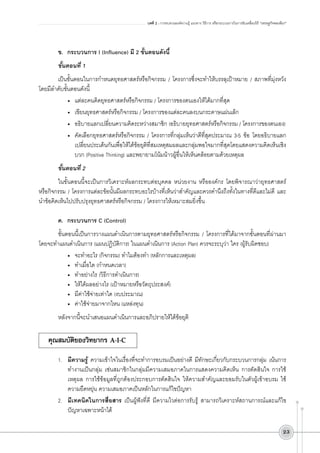 บทที่ 2 : การทบทวนองค์ความรู้ แนวทาง วิธีการ หรือกระบวนการในการขับเคลื่อนวิถี “เศรษฐกิจพอเพียง”

ข.	 กระบวนการ I (Influence) มี 2 ขั้นตอนดังนี้ 
ขั้นตอนที่ 1 
เป็นขั้นตอนในการกำหนดยุทธศาสตร์หรือกิจกรรม / โครงการซึ่งจะทำให้บรรลุเป้าหมาย / สภาพที่มุ่งหวัง
โดยมีลำดับขั้นตอนดังนี้
•	 แต่ละคนคิดยุทธศาสตร์หรือกิจกรรม / โครงการของตนเองให้ได้มากที่สุด
•	 เขียนยุทธศาสตร์หรือกิจกรรม / โครงการของแต่ละคนลงบนกระดาษแผ่นเล็ก
•	 อธิบายแลกเปลี่ยนความคิดระหว่างสมาชิก (อธิบายยุทธศาสตร์หรือกิจกรรม / โครงการของตนเอง)
•	 คัดเลือกยุทธศาสตร์หรือกิจกรรม / โครงการที่กลุ่มเห็นว่าดีที่สุดประมาณ 3-5 ข้อ โดยอธิบายแลก
เปลี่ยนประเด็นกันเพื่อให้ได้ข้อยุติที่สมเหตุสมผลและกลุ่มพอใจมากที่สุดโดยแสดงความคิดเห็นเชิง
บวก (Positive Thinking) และพยายามโน้มน้าวผู้อื่นให้เห็นคล้อยตามด้วยเหตุผล
ขั้นตอนที่ 2
ในขั้นตอนนี้จะเป็นการวิเคราะห์ผลกระทบต่อบุคคล หน่วยงาน หรือองค์กร โดยพิจารณาว่ายุทธศาสตร์
หรือกิจกรรม / โครงการแต่ละข้อนั้นมีผลกระทบอะไรบ้างที่เห็นว่าสำคัญและควรคำนึงถึงทั้งในทางที่ดีและไม่ดี และ
นำข้อคิดเห็นไปปรับปรุงยุทธศาสตร์หรือกิจกรรม / โครงการให้เหมาะสมยิ่งขึ้น

ค.	 กระบวนการ C (Control)
ขั้นตอนนี้เป็นการวางแผนดำเนินการตามยุทธศาสตร์หรือกิจกรรม / โครงการที่ได้มาจากขั้นตอนที่ผ่านมา
โดยจะทำแผนดำเนินการ (แผนปฏิบัติการ) ในแผนดำเนินการ (Action Plan) ควรจะระบุว่า ใคร (ผู้รับผิดชอบ)
•	 จะทำอะไร (กิจกรรม) ทำไมต้องทำ (หลักการและเหตุผล)
•	 ทำเมื่อใด (กำหนดเวลา) 
•	 ทำอย่างไร (วิธีการดำเนินการ)
•	 ให้ได้ผลอย่างไร (เป้าหมายหรือวัตถุประสงค์)
•	 มีค่าใช้จ่ายเท่าใด (งบประมาณ) 
•	 ค่าใช้จ่ายมาจากไหน (แหล่งทุน)
หลังจากนี้จะนำเสนอแผนดำเนินการและอภิปรายให้ได้ข้อยุติ


คุณสมบัติของวิทยากร A-I-C


1.	 มีความรู้ ความเข้าใจในเรื่องที่จะทำการอบรมเป็นอย่างดี มีทักษะเกี่ยวกับกระบวนการกลุ่ม เน้นการ
ทำงานเป็นกลุ่ม เช่นสมาชิกในกลุ่มมีความเสมอภาคในการแสดงความคิดเห็น การตัดสินใจ การใช้
เหตุผล การใช้ข้อมูลที่ถูกต้องประกอบการตัดสินใจ ให้ความสำคัญและยอมรับในตัวผู้เข้าอบรม ใช้
ความยืดหยุ่น ความเสมอภาคเป็นหลักในการแก้ไขปัญหา
2.	 มีเทคนิคในการสื่อสาร เป็นผู้ฟังที่ดี มีความไวต่อการรับรู้ สามารถวิเคราะห์สถานการณ์และแก้ไข
ปัญหาเฉพาะหน้าได้
23

 