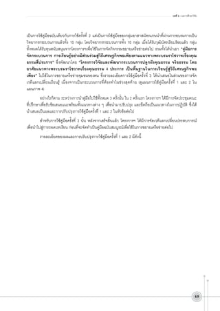 บทที่ 4 : ผลการศึกษาวิจัย

เป็นการใช้คู่มือฉบับเดียวกับการใช้ครั้งที่ 2 แต่เป็นการใช้คู่มือของกลุ่มอาสาสมัครแกนนำที่ผ่านการอบรมการเป็น
วิทยากรกระบวนการแล้วทั้ง 10 กลุ่ม โดยวิทยากรกระบวนการทั้ง 10 กลุ่ม เมื่อได้รับวุฒิบัตรเรียบร้อยแล้ว กลุ่ม
ทั้งหมดได้รับทุนสนับสนุนจากโครงการฯเพื่อใช้ในการจัดกิจกรรมขยายเครือข่ายต่อไป รวมทั้งได้นำเอา “คู่มือการ
จัดกระบวนการ การเรียนรู้อย่างมีส่วนร่วมสู่วิถีเศรษฐกิจพอเพียงตามแนวทางพระบรมราโชวาทเรื่องคุณ
ธรรมสี่ประการ” ซึ่งพัฒนาโดย “โครงการวิจัยและพัฒนากระบวนการปลูกฝังคุณธรรม จริยธรรม โดย
อาศัยแนวทางพระบรมราโชวาทเรื่องคุณธรรม 4 ประการ เป็นพื้นฐานในการเรียนรู้สู่วิถีเศรษฐกิจพอ
เพียง” ไปใช้ในการขยายเครือข่ายชุมชนของตน ซึ่งรายละเอียดการใช้คู่มือครั้งที่ 3 ได้นำเสนอในส่วนของการจัด
เวทีแลกเปลี่ยนเรียนรู้ เนื่องจากเป็นกระบวนการที่ต้องทำในช่วงสุดท้าย (ดูแผนการใช้คู่มือครั้งที่ 1 และ 2 ใน
แผนภาพ 4)
	
อย่างไรก็ตาม ระหว่างการนำคู่มือไปใช้ทั้งหมด 3 ครั้งนั้น ใน 2 ครั้งแรก โครงการฯ ได้มีการจัดประชุมคณะ
ที่ปรึกษาเพื่อรับข้อเสนอแนะพร้อมทั้งแนวทางต่าง ๆ เพื่อนำมาปรับปรุง และยึดถือเป็นแนวทางในการปฏิบัติ ซึ่งได้
นำเสนอเป็นผลและการปรับปรุงการใช้คู่มือครั้งที่ 1 และ 2 ในหัวข้อต่อไป 
สำหรับการใช้คู่มือครั้งที่ 3 นั้น หลังจากเสร็จสิ้นแล้ว โครงการฯ ได้มีการจัดเวทีแลกเปลี่ยนประสบการณ์
เพื่อนำไปสู่การถอดบทเรียน ก่อนที่จะจัดทำเป็นคู่มือฉบับสมบูรณ์เพื่อใช้ในการขยายเครือข่ายต่อไป 
รายละเอียดของผลและการปรับปรุงการใช้คู่มือครั้งที่ 1 และ 2 มีดังนี้

49

 