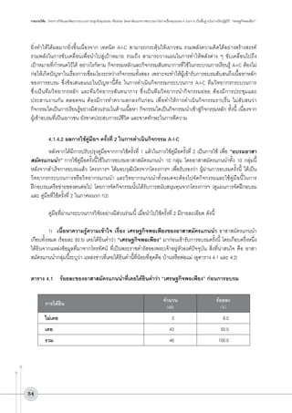 รายงานวิจัย : โครงการวิจัยและพัฒนากระบวนการปลูกฝังคุณธรรม จริยธรรม โดยอาศัยแนวทางพระบรมราโชวาทเรื่องคุณธรรม 4 ประการ เป็นพื้นฐานในการเรียนรู้สู่วิถี “เศรษฐกิจพอเพียง”

ยิ่งทำให้ได้ผลมากยิ่งขึ้นเนื่องจาก เทคนิค A-I-C สามารถกระตุ้นให้เยาวชน รวมพลังความคิดได้อย่างสร้างสรรค์
รวมพลังในการขับเคลื่อนเพื่อนำไปสู่เป้าหมาย รวมถึง สามารถวางแผนในการทำให้พลังต่าง ๆ ขับเคลื่อนไปถึง

เป้าหมายที่กำหนดไว้ได้ อย่างไรก็ตาม กิจกรรมหลักและกิจกรรมสันทนาการที่ใช้ในกระบวนการเรียนรู้ A-I-C ต้องไม่
ก่อให้เกิดปัญหาในเรื่องการเชื่อมโยงระหว่างกิจกรรมทั้งสอง เพราะจะทำให้ผู้เข้ารับการอบรมสับสนถึงเนื้อหาหลัก
ของการอบรม ซึ่งข้อเสนอแนะในปัญหานี้คือ ในการดำเนินกิจกรรมกระบวนการ A-I-C ทีมวิทยากรกระบวนการ

ซึ่งเป็นทีมวิทยากรหลัก และทีมวิทยากรสันทนาการ ซึ่งเป็นทีมวิทยากรนำกิจกรรมย่อย ต้องมีการประชุมและ
ประสานงานกัน ตลอดจน ต้องมีการทำความตกลงกันก่อน เพื่อทำให้การดำเนินกิจกรรมราบรื่น ไม่สับสนว่า
กิจกรรมใดเป็นการเรียนรู้อย่างมีส่วนร่วมในด้านเนื้อหา กิจกรรมใดเป็นกิจกรรมนำเข้าสู่กิจกรรมหลัก ทั้งนี้ เนื่องจาก
ผู้เข้าอบรมที่เป็นเยาวชน ยังขาดประสบการณ์ชีวิต และขาดทักษะในการตีความ 

4.1.4.2	ผลการใช้คู่มือฯ ครั้งที่ 2 ในการดำเนินกิจกรรม A-I-C 
หลังจากได้มีการปรับปรุงคู่มือจากการใช้ครั้งที่ 1 แล้วในการใช้คู่มือครั้งที่ 2 เป็นการใช้ เพื่อ “อบรมอาสา
สมัครแกนนำ” การใช้คู่มือครั้งนี้ใช้ในการอบรมอาสาสมัครแกนนำ 10 กลุ่ม โดยอาสาสมัครแกนนำทั้ง 10 กลุ่มนี้
หลังจากสำเร็จการอบรมแล้ว โครงการฯ ได้มอบวุฒิบัตรจากโครงการฯ เพื่อรับรองว่า ผู้ผ่านการอบรมครั้งนี้ ได้เป็น
วิทยากรกระบวนการหรือวิทยากรแกนนำ และวิทยากรแกนนำทั้งหมดจะต้องไปจัดกิจกรรมและใช้คู่มือนี้ในการ

ฝึกอบรมเครือข่ายของตนต่อไป โดยการจัดกิจกรรมนั้นได้รับการสนับสนุนทุนจากโครงการฯ (ดูแผนการจัดฝึกอบรม
และ คู่มือที่ใช้ครั้งที่ 2 ในภาคผนวก ก2)

คู่มือที่ผ่านกระบวนการวิจัยอย่างมีส่วนร่วมนี้ เมื่อนำไปใช้ครั้งที่ 2 มีรายละเอียด ดังนี้

1)	 เนื้อหาความรู้ความเข้าใจ เรื่อง เศรษฐกิจพอเพียงของอาสาสมัครแกนนำ อาสาสมัครแกนนำ
เกือบทั้งหมด (ร้อยละ 93.5) เคยได้ยินคำว่า “เศรษฐกิจพอเพียง” มาก่อนเข้ารับการอบรมครั้งนี้ โดยเกือบครึ่งหนึ่ง
ได้ยินจากแหล่งข้อมูลที่มาจากโทรทัศน์ ที่เป็นพระราชดำรัสของพระเจ้าอยู่หัวองค์ปัจจุบัน สิ่งที่น่าสนใจ คือ อาสา
สมัครแกนนำกลุ่มนี้ระบุว่า แหล่งข่าวที่เคยได้ยินคำนี้ที่น้อยที่สุดคือ บ้านหรือพ่อแม่ (ดูตาราง 4.1 และ 4.2)

ตาราง 4.1	 ร้อยละของอาสาสมัครแกนนำที่เคยได้ยินคำว่า “เศรษฐกิจพอเพียง” ก่อนการอบรม
การได้ยิน

จำนวน
(46)

ร้อยละ
(%)

3

6.5

เคย

43

93.5

รวม

46

100.0

ไม่เคย

54

 