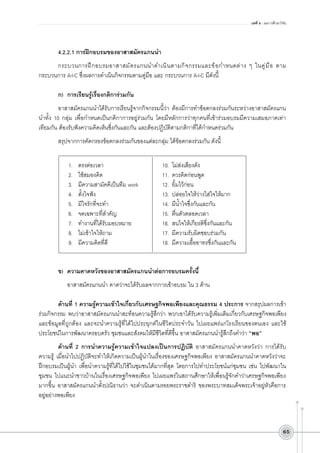บทที่ 4 : ผลการศึกษาวิจัย

4.2.2.1 การฝึกอบรมของอาสาสมัครแกนนำ
กระบวนการฝึ ก อบรมอาสาสมั ค รแกนนำดำเนิ น ตามกิ จ กรรมและข้ อ กำหนดต่ า ง ๆ ในคู ่ ม ื อ ตาม
กระบวนการ A-I-C ซึ่งผลการดำเนินกิจกรรมตามคู่มือ และ กระบวนการ A-I-C มีดังนี้

ก)	 การเรียนรู้เรื่องกติการ่วมกัน 
อาสาสมัครแกนนำได้รับการเรียนรู้จากกิจกรรมนี้ว่า ต้องมีการทำข้อตกลงร่วมกันระหว่างอาสาสมัครแกน
นำทั้ง 10 กลุ่ม เพื่อกำหนดเป็นกติกาการอยู่ร่วมกัน โดยมีหลักการว่าทุกคนที่เข้าร่วมอบรมมีความเสมอภาคเท่า
เทียมกัน ต้องรับฟังความคิดเห็นซึ่งกันและกัน และต้องปฏิบัติตามกติกาที่ได้กำหนดร่วมกัน 
สรุปจากการคัดกรองข้อตกลงร่วมกันของแต่ละกลุ่ม ได้ข้อตกลงร่วมกัน ดังนี้
1.	
2.	
3.	
4.	
5.	
6.	
7.	
8.	
9.	


ตรงต่อเวลา
ใช้สมองคิด
มีความสามัคคีเป็นทีม work
ตั้งใจฟัง
มีใจรักที่จะทำ
จดเฉพาะที่สำคัญ
ทำงานที่ได้รับมอบหมาย
ไม่เข้าใจให้ถาม
มีความคิดที่ดี

10.	 ไม่ส่งเสียงดัง
11.	 ควรคิดก่อนพูด
12.	 ยิ้มไว้ก่อน
13.	 ปล่อยใจให้ว่างใส่ใจให้มาก
14.	 มีน้ำใจซึ่งกันและกัน
15.	 ตื่นตัวตลอดเวลา
16.	 สนใจให้เกียรติซึ่งกันและกัน
17.	 มีความรับผิดชอบร่วมกัน
18.	 มีความเอื้ออาทรซึ่งกันและกัน

ข)	 ความคาดหวังของอาสาสมัครแกนนำต่อการอบรมครั้งนี
้
	 อาสาสมัครแกนนำ คาดว่าจะได้รับผลจากการเข้าอบรม ใน 3 ด้าน

ด้านที่ 1 ความรู้ความเข้าใจเกี่ยวกับเศรษฐกิจพอเพียงและคุณธรรม 4 ประการ จากสรุปผลการเข้า
ร่วมกิจกรรม พบว่าอาสาสมัครแกนนำสะท้อนความรู้สึกว่า พวกเขาได้รับความรู้เพิ่มเติมเกี่ยวกับเศรษฐกิจพอเพียง
และข้อมูลที่ถูกต้อง และจะนำความรู้ที่ได้ไปประยุกต์ในชีวิตประจำวัน ไปเผยแพร่แก่โรงเรียนของตนเอง และใช้
ประโยชน์ในการพัฒนาครอบครัว ชุมชนและสังคมให้มีชีวิตที่ดีขึ้น อาสาสมัครแกนนำรู้สึกถึงคำว่า “พอ” 
ด้านที่ 2 การนำความรู้ความเข้าใจแปลงเป็นการปฏิบัติ อาสาสมัครแกนนำคาดหวังว่า การได้รับ
ความรู้ เมื่อนำไปปฏิบัติจะทำให้เกิดความเป็นผู้นำในเรื่องของเศรษฐกิจพอเพียง อาสาสมัครแกนนำคาดหวังว่าจะ
ฝึกอบรมเป็นผู้นำ เพื่อนำความรู้ที่ได้ไปใช้ในชุมชนได้มากที่สุด โดยการไปทำประโยชน์แก่ชุมชน เช่น ไปพัฒนาใน
ชุมชน ไปแนะนำชาวบ้านในเรื่องเศรษฐกิจพอเพียง ไปเผยแพร่ในสถานศึกษาให้เพื่อนรู้จักคำว่าเศรษฐกิจพอเพียง
มากขึ้น อาสาสมัครแกนนำตั้งปณิธานว่า จะดำเนินตามรอยพระราชดำริ ของพระบาทสมเด็จพระเจ้าอยู่หัวคือการ
อยู่อย่างพอเพียง

65

 
