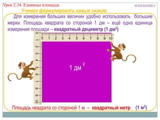 Урок 2.34. Единицы площади.

МАТЕМАТИКА

Учимся формулировать новые знания
Для измерения больших величин удобно использовать большие
мерки. Площадь квадрата со стороной 1 дм – ещѐ одна единица
измерения площади – квадратный дециметр (1 дм2)

1 дм

2

Площадь квадрата со стороной 1 м – квадратный метр (1 м2)

 