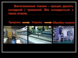 Виготовлення тканин – процес досить
складний і тривалий. Він складається з
таких етапів:
Прядіння

Ткацтво

Обробка тканини

 