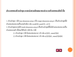 ประเภทของตัวแปรชุ ด อาจแบ่ งตามลักษณะของจานวนตัวเลขของดัชนี คือ
1. ตัวแปรชุด 1 มิติ (one dimension arrays หรื อ single dimension arrays) เป็ นตัวแปรชุดที่มี
ตัวเลขแสดงขนาดเป็ นเลขตัวเดียว เช่น word[20] ,num[25] , x[15]
2. ตัวแปรชุดหลายมิติ (multi-dimension arrays) เป็ นตัวแปรชุดที่ชื่อมีตวเลขแสดงขนาดเป็ น
ั
ั
ตัวเลขหลายตัว ที่นิยมใช้กนมี 2 มิติ กับ 3 มิติ
2.1 ตัวแปรชุด 2 มิติ มีเลขแสดงขนาด 2 ตัว เช่น a[3][5] , name[5][6]
2.2 ตัวแปรชุด 3 มิติ มีเลขแสดงขนาด 3 ตัว เช่น a[3][5][6] , name[5][6][8]

 