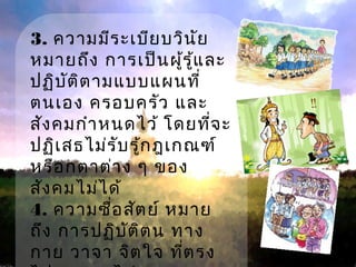 3. ความมีร ะเบีย บวิน ัย
หมายถึง การเป็น ผู้ร ู้แ ละ
ปฏิบ ต ิต ามแบบแผนที่
ั
ตนเอง ครอบครัว และ
สัง คมกำา หนดไว้ โดยที่จ ะ
ปฏิเ สธไม่ร บ รู้ก ฎเกณฑ์
ั
หรือ กตาต่า ง ๆ ของ
สัง คมไม่ไ ด้
4. ความซื่อ สัต ย์ หมาย
ถึง การปฏิบ ต ิต น ทาง
ั
กาย วาจา จิต ใจ ที่ต รง

 