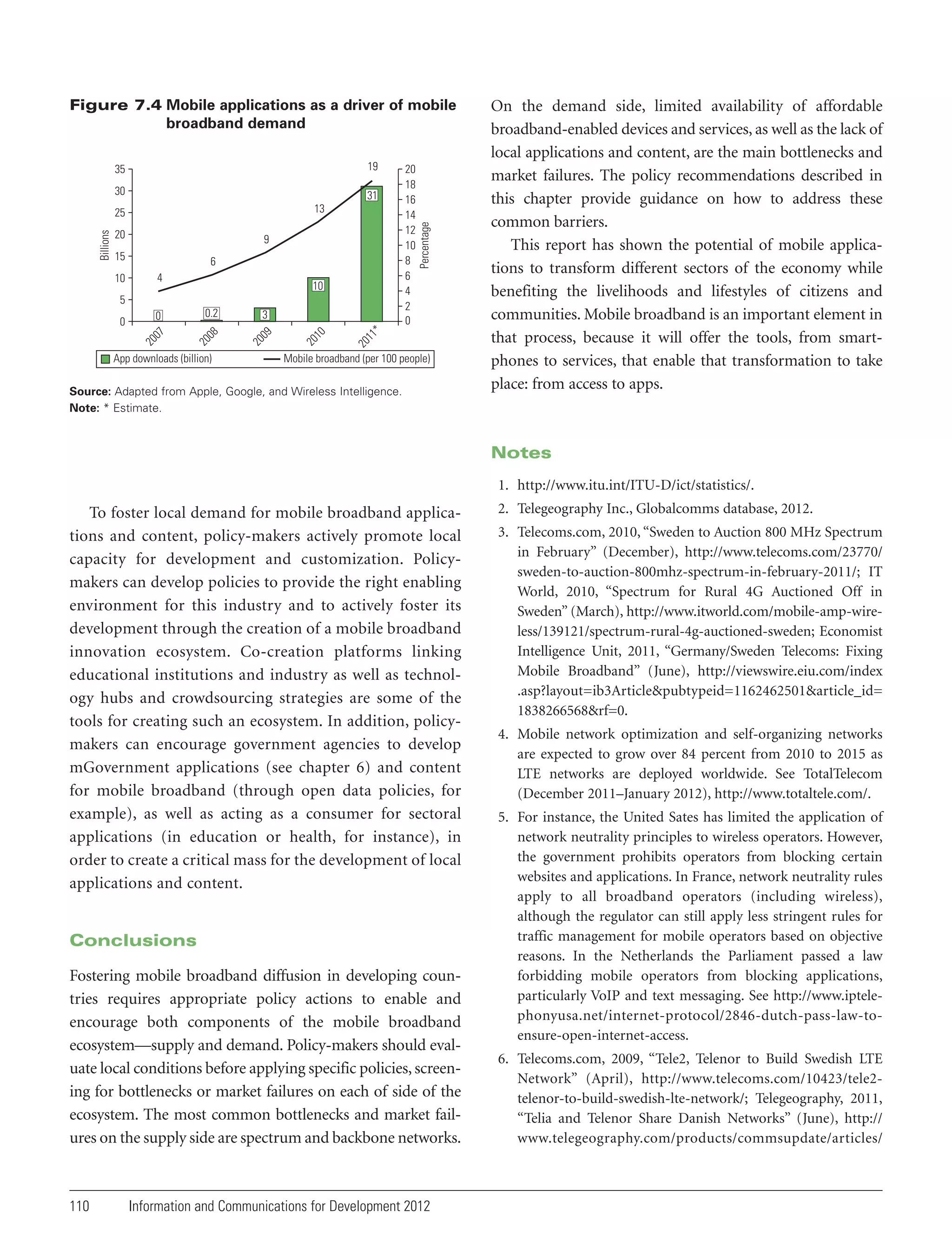 19

35
30

31
13

Billions

25
20

9

15
10

6
4

10

App downloads (billion)

20
11
*

20
10

3

20
09

0.2

20
08

0

0

20
07

5

20
18
16
14
12
10
8
6
4
2
0

Percentage

Figure 7.4 Mobile applications as a driver of mobile
broadband demand

Mobile broadband (per 100 people)

Source: Adapted from Apple, Google, and Wireless Intelligence.
Note: * Estimate.

On the demand side, limited availability of affordable
broadband-enabled devices and services, as well as the lack of
local applications and content, are the main bottlenecks and
market failures. The policy recommendations described in
this chapter provide guidance on how to address these
common barriers.
This report has shown the potential of mobile applications to transform different sectors of the economy while
benefiting the livelihoods and lifestyles of citizens and
communities. Mobile broadband is an important element in
that process, because it will offer the tools, from smartphones to services, that enable that transformation to take
place: from access to apps.

Notes
1. http://www.itu.int/ITU-D/ict/statistics/.

To foster local demand for mobile broadband applications and content, policy-makers actively promote local
capacity for development and customization. Policymakers can develop policies to provide the right enabling
environment for this industry and to actively foster its
development through the creation of a mobile broadband
innovation ecosystem. Co-creation platforms linking
educational institutions and industry as well as technology hubs and crowdsourcing strategies are some of the
tools for creating such an ecosystem. In addition, policymakers can encourage government agencies to develop
mGovernment applications (see chapter 6) and content
for mobile broadband (through open data policies, for
example), as well as acting as a consumer for sectoral
applications (in education or health, for instance), in
order to create a critical mass for the development of local
applications and content.

Conclusions
Fostering mobile broadband diffusion in developing countries requires appropriate policy actions to enable and
encourage both components of the mobile broadband
ecosystem—supply and demand. Policy-makers should evaluate local conditions before applying specific policies, screening for bottlenecks or market failures on each of side of the
ecosystem. The most common bottlenecks and market failures on the supply side are spectrum and backbone networks.

110

Information and Communications for Development 2012

2. Telegeography Inc., Globalcomms database, 2012.
3. Telecoms.com, 2010, “Sweden to Auction 800 MHz Spectrum
in February” (December), http://www.telecoms.com/23770/
sweden-to-auction-800mhz-spectrum-in-february-2011/; IT
World, 2010, “Spectrum for Rural 4G Auctioned Off in
Sweden” (March), http://www.itworld.com/mobile-amp-wireless/139121/spectrum-rural-4g-auctioned-sweden; Economist
Intelligence Unit, 2011, “Germany/Sweden Telecoms: Fixing
Mobile Broadband” (June), http://viewswire.eiu.com/index
.asp?layout=ib3Article&pubtypeid=1162462501&article_id=
1838266568&rf=0.
4. Mobile network optimization and self-organizing networks
are expected to grow over 84 percent from 2010 to 2015 as
LTE networks are deployed worldwide. See TotalTelecom
(December 2011–January 2012), http://www.totaltele.com/.
5. For instance, the United Sates has limited the application of
network neutrality principles to wireless operators. However,
the government prohibits operators from blocking certain
websites and applications. In France, network neutrality rules
apply to all broadband operators (including wireless),
although the regulator can still apply less stringent rules for
traffic management for mobile operators based on objective
reasons. In the Netherlands the Parliament passed a law
forbidding mobile operators from blocking applications,
particularly VoIP and text messaging. See http://www.iptelephonyusa.net/internet-protocol/2846-dutch-pass-law-toensure-open-internet-access.
6. Telecoms.com, 2009, “Tele2, Telenor to Build Swedish LTE
Network” (April), http://www.telecoms.com/10423/tele2telenor-to-build-swedish-lte-network/; Telegeography, 2011,
“Telia and Telenor Share Danish Networks” (June), http://
www.telegeography.com/products/commsupdate/articles/

 