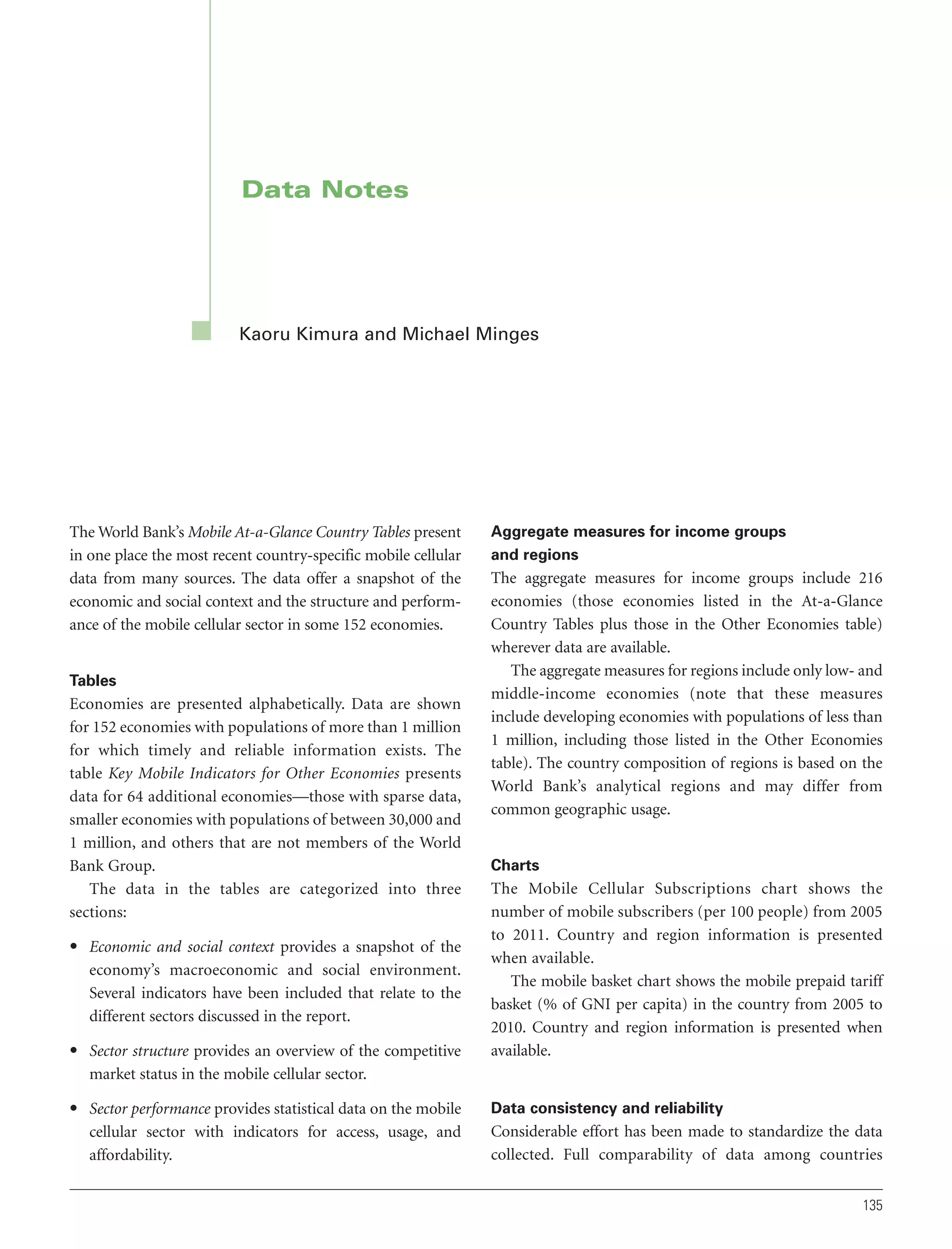 Data Notes

Kaoru Kimura and Michael Minges

The World Bank’s Mobile At-a-Glance Country Tables present
in one place the most recent country-specific mobile cellular
data from many sources. The data offer a snapshot of the
economic and social context and the structure and performance of the mobile cellular sector in some 152 economies.
Tables

Economies are presented alphabetically. Data are shown
for 152 economies with populations of more than 1 million
for which timely and reliable information exists. The
table Key Mobile Indicators for Other Economies presents
data for 64 additional economies—those with sparse data,
smaller economies with populations of between 30,000 and
1 million, and others that are not members of the World
Bank Group.
The data in the tables are categorized into three
sections:
• Economic and social context provides a snapshot of the
economy’s macroeconomic and social environment.
Several indicators have been included that relate to the
different sectors discussed in the report.
• Sector structure provides an overview of the competitive
market status in the mobile cellular sector.
• Sector performance provides statistical data on the mobile
cellular sector with indicators for access, usage, and
affordability.

Aggregate measures for income groups
and regions

The aggregate measures for income groups include 216
economies (those economies listed in the At-a-Glance
Country Tables plus those in the Other Economies table)
wherever data are available.
The aggregate measures for regions include only low- and
middle-income economies (note that these measures
include developing economies with populations of less than
1 million, including those listed in the Other Economies
table). The country composition of regions is based on the
World Bank’s analytical regions and may differ from
common geographic usage.
Charts

The Mobile Cellular Subscriptions chart shows the
number of mobile subscribers (per 100 people) from 2005
to 2011. Country and region information is presented
when available.
The mobile basket chart shows the mobile prepaid tariff
basket (% of GNI per capita) in the country from 2005 to
2010. Country and region information is presented when
available.

Data consistency and reliability

Considerable effort has been made to standardize the data
collected. Full comparability of data among countries
135

 