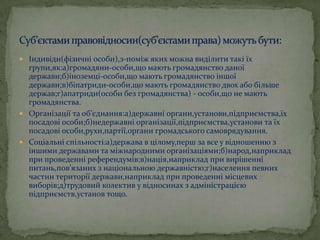  Індивіди(фізичні особи),з-поміж яких можна виділити такі їх

групи,як:а)громадяни-особи,що мають громадянство даної
держави;б)іноземці-особи,що мають громадянство іншої
держави;в)біпатриди-особи,що мають громадянство двох або більше
держав;г)апатриди(особи без громадянства) - особи,що не мають
громадянства.
 Організації та об’єднання:а)державні органи,установи,підприємства,їх
посадові особи;б)недержавні організації,підприємства,установи та їх
посадові особи,рухи,партії,органи громадського самоврядування.
 Соціальні спільності:а)держава в цілому,перш за все у відношенню з
іншими державами та міжнародними організаціями;б)народ,наприклад
при проведенні референдумів;в)нація,наприклад при вирішенні
питань,пов’язаних з національною державністю;г)населення певних
частин території держави,наприклад при проведенні місцевих
виборів;д)трудовий колектив у відносинах з адміністрацією
підприємств,установ тощо.

 