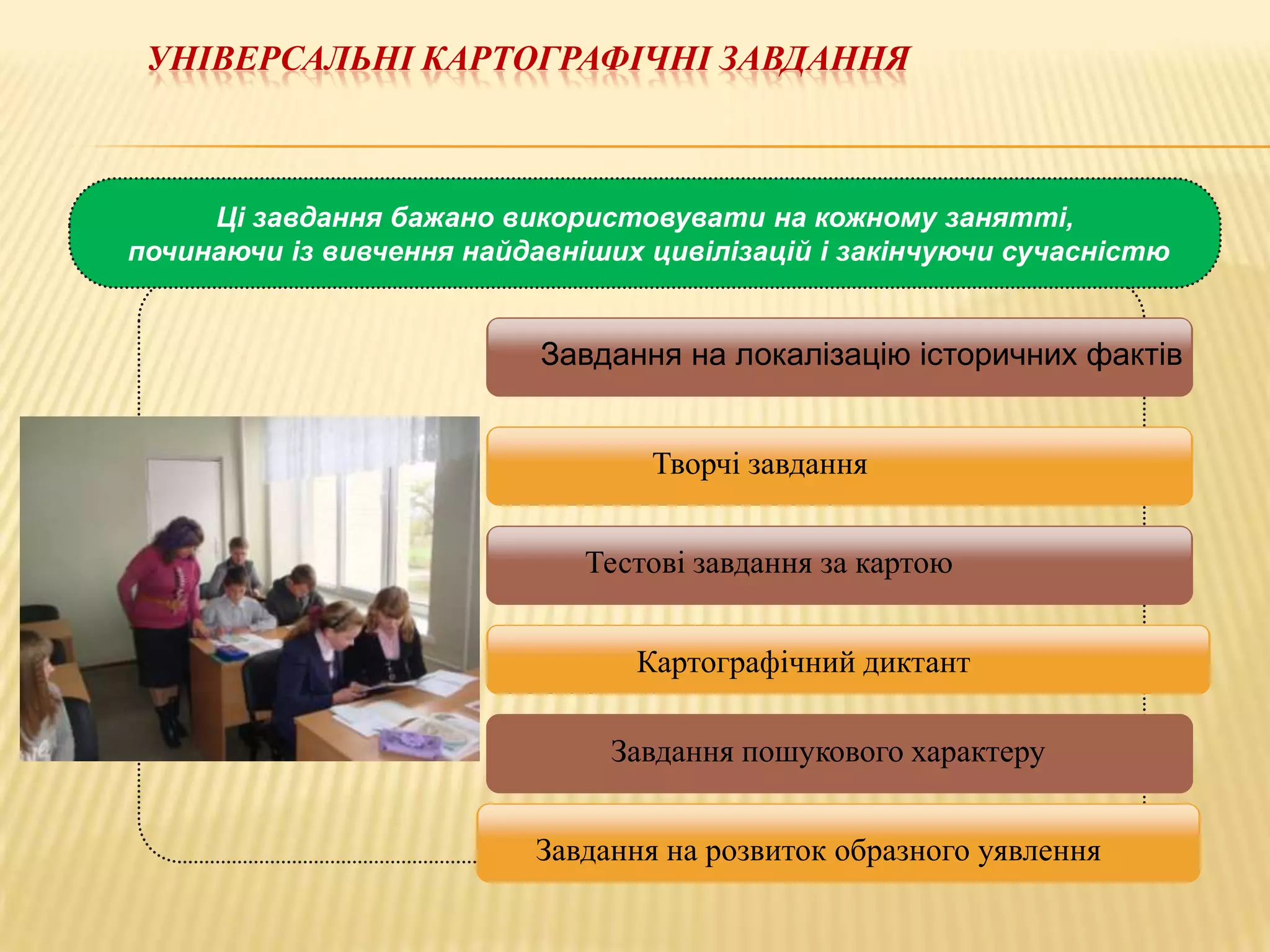 УНІВЕРСАЛЬНІ КАРТОГРАФІЧНІ ЗАВДАННЯ

Ці завдання бажано використовувати на кожному занятті,
починаючи із вивчення найдавніших цивілізацій і закінчуючи сучасністю

Завдання на локалізацію історичних фактів
Творчі завдання
Тестові завдання за картою
Картографічний диктант
ЗАВДАННЯ
РОЗВИТОК
Завдання НА
пошукового характеру
ОБРАЗНОГО УЯВЛЕННЯ

Завдання на розвиток образного уявлення

 