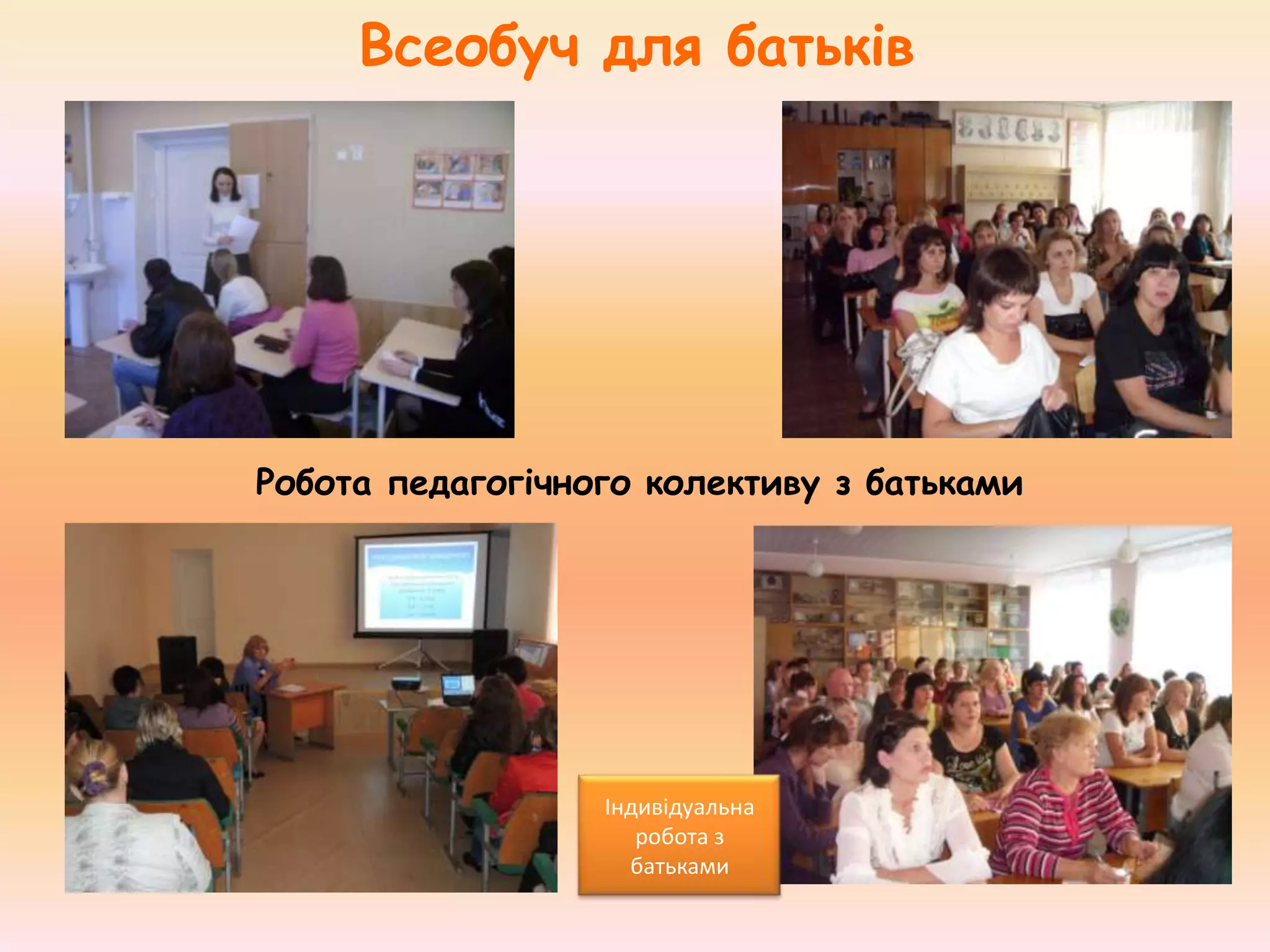 Всеобуч для батьків

Робота педагогічного колективу з батьками

Індивідуальна
робота з
батьками

 