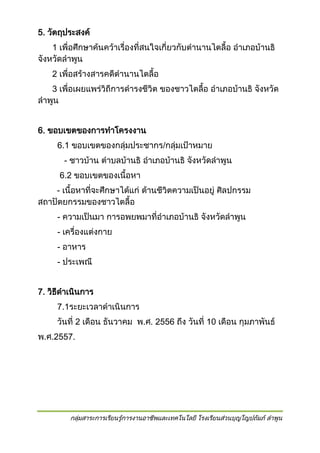 5. วัตถุประสงค์
1 เพื่อศึกษาค้นคว้าเรื่องที่สนใจเกี่ยวกับตานานไตลื้อ อาเภอบ้านธิ
จังหวัดลาพูน
2 เพื่อสร้างสารคดีตานานไตลื้อ
3 เพื่อเผยแพร่วิถีการดารงชีวิต ของชาวไตลื้อ อาเภอบ้านธิ จังหวัด
ลาพูน
6. ขอบเขตของการทาโครงงาน
6.1 ขอบเขตของกลุ่มประชากร/กลุ่มเป้าหมาย
- ชาวบ้าน ตาบลบ้านธิ อาเภอบ้านธิ จังหวัดลาพูน
6.2 ขอบเขตของเนื้อหา
- เนื้อหาที่จะศึกษาได้แก่ ด้านชีวิตความเป็นอยู่ ศิลปกรรม
สถาปัตยกรรมของชาวไตลื้อ
- ความเป็นมา การอพยพมาที่อาเภอบ้านธิ จังหวัดลาพูน
- เครื่องแต่งกาย
- อาหาร
- ประเพณี
7. วิธดาเนินการ
ี
7.1ระยะเวลาดาเนินการ
วันที่ 2 เดือน ธันวาคม พ.ศ. 2556 ถึง วันที่ 10 เดือน กุมภาพันธ์
พ.ศ.2557.

กลุ่มสาระการเรียนรู้การงานอาชีพและเทคโนโลยี โรงเรียนส่วนบุญโญปถัมภ์ ลาพูน

 