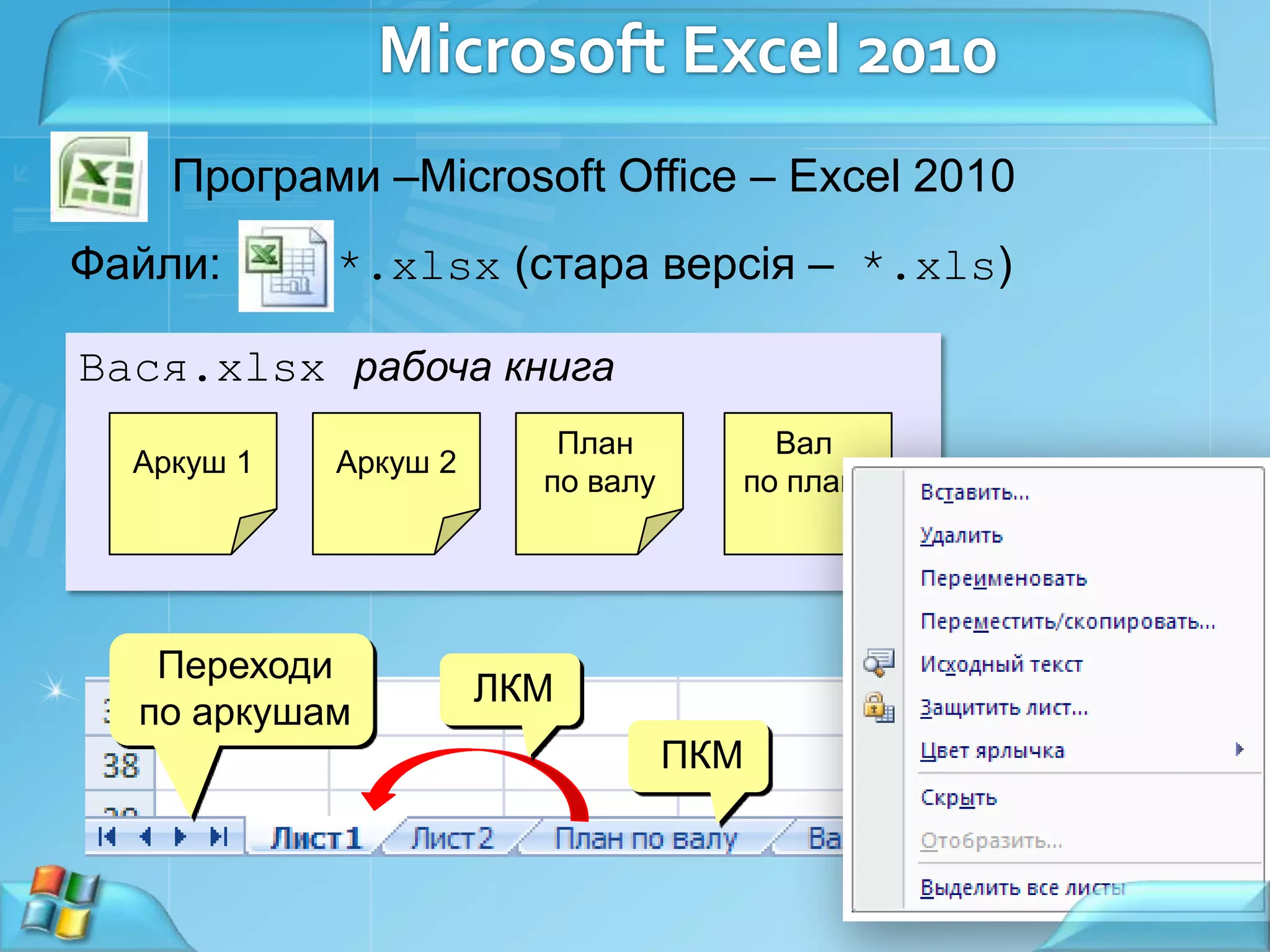 Microsoft Excel 2010
Програми –Microsoft Office – Excel 2010
Файли:

*.xlsx (стара версія – *.xls)

Вася.xlsx рабоча книга
Аркуш 1

Аркуш 2

Переходи
по аркушам

План
по валу

Вал
по плану

ЛКМ
ПКМ

новий аркуш

11

 