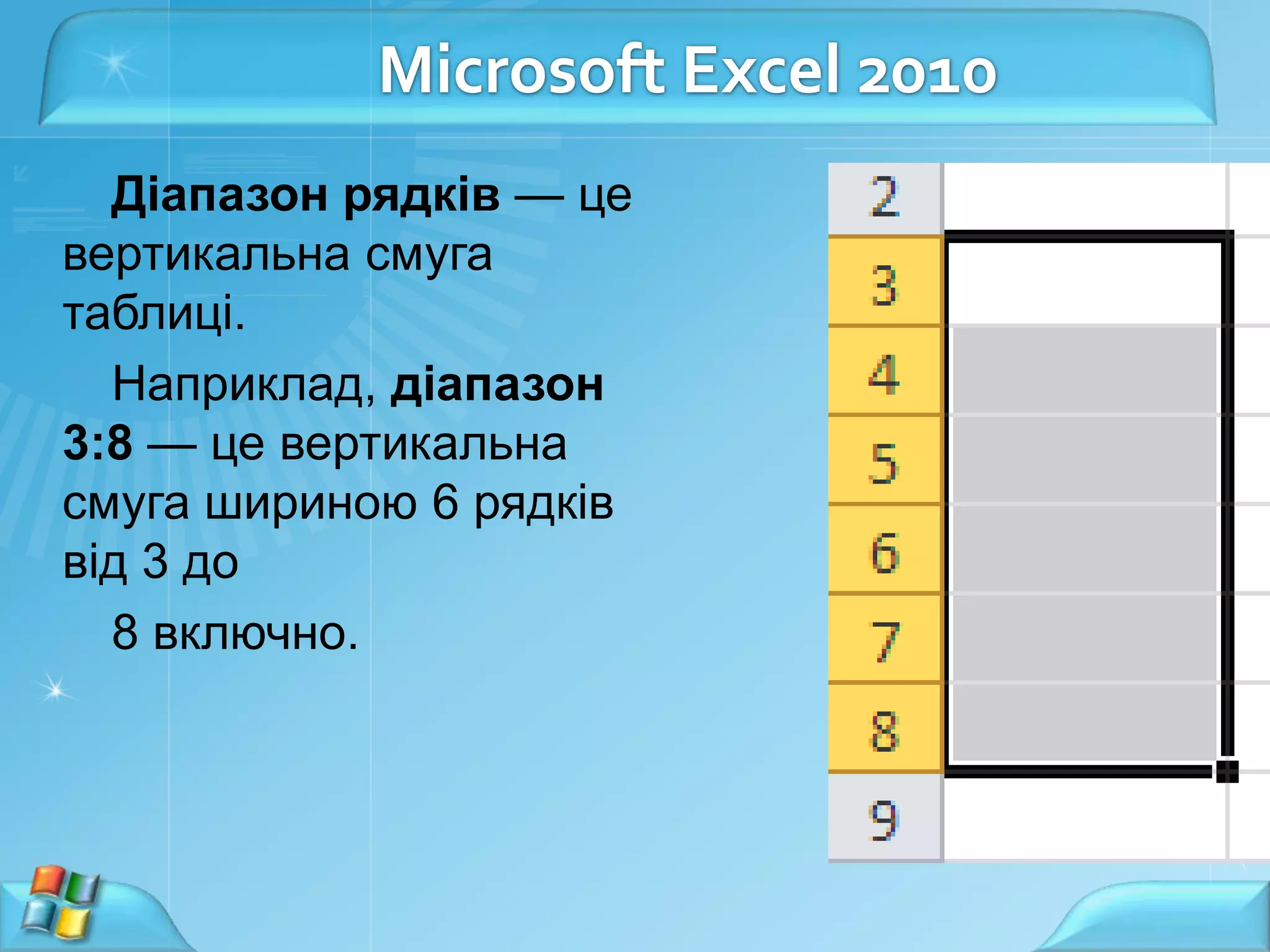 Microsoft Excel 2010
Діапазон рядків — це
вертикальна смуга
таблиці.
Наприклад, діапазон
3:8 — це вертикальна
смуга шириною 6 рядків
від 3 до
8 включно.

 