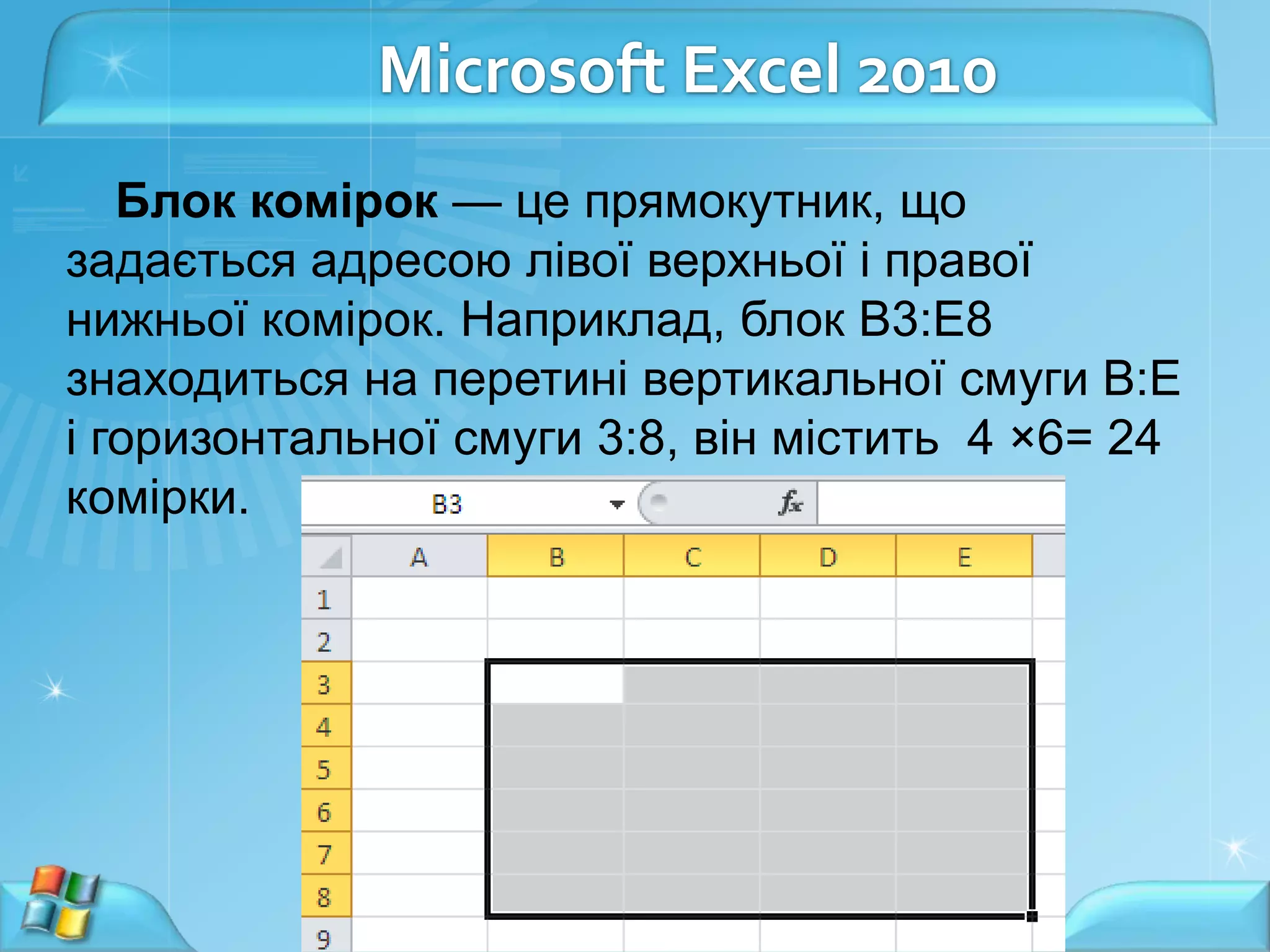 Microsoft Excel 2010
Блок комірок — це прямокутник, що
задається адресою лівої верхньої і правої
нижньої комірок. Наприклад, блок В3:Е8
знаходиться на перетині вертикальної смуги В:Е
і горизонтальної смуги 3:8, він містить 4 ×6= 24
комірки.

 
