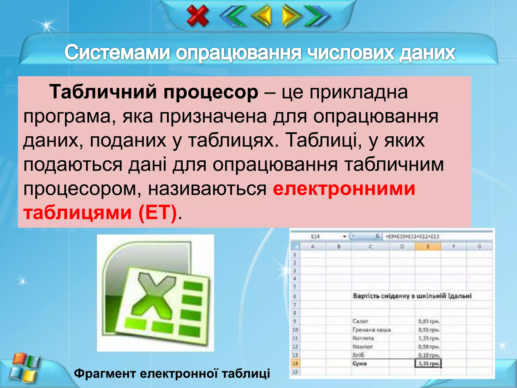 Табличний процесор – це прикладна
програма, яка призначена для опрацювання
даних, поданих у таблицях. Таблиці, у яких
подаються дані для опрацювання табличним
процесором, називаються електронними
таблицями (ЕТ).

Фрагмент електронної таблиці

3

 