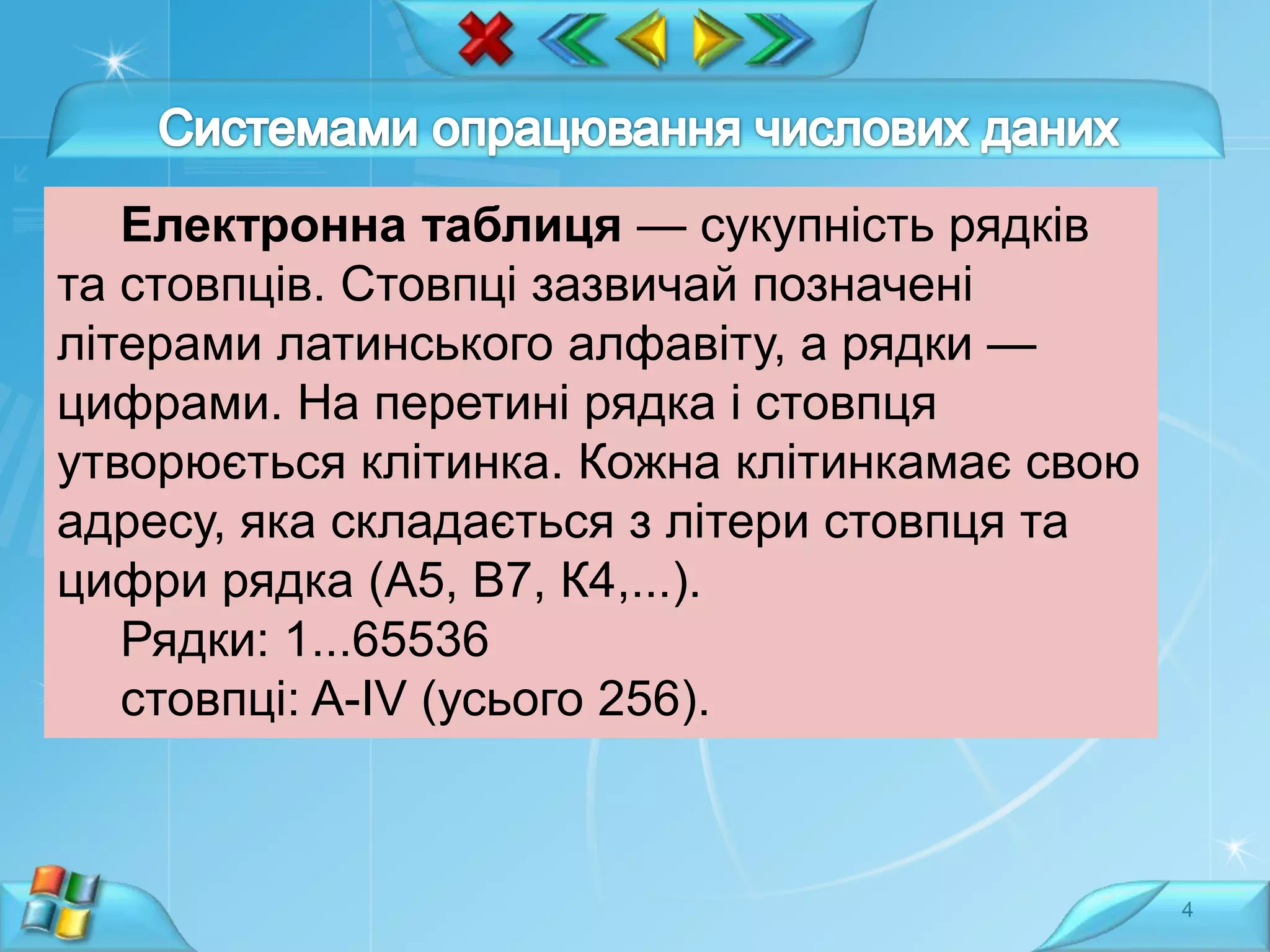Електронна таблиця — сукупність рядків
та стовпців. Стовпці зазвичай позначені
літерами латинського алфавіту, а рядки —
цифрами. На перетині рядка і стовпця
утворюється клітинка. Кожна клітинкамає свою
адресу, яка складається з літери стовпця та
цифри рядка (А5, В7, К4,...).
Рядки: 1...65536
стовпці: A-IV (усього 256).

4

 