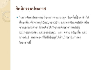 กิตติกรรมประกาศ


ในการจัดทาโครงงาน เรื่ อง การสานกระจูด ในครังนี ้ข้ าพเจ้ า ได้
้
ศึกษาค้ นหว้ าจากภูมิปัญญาชาวบ้ าน และทางอินเตอร์ เน็ต หรื อ
จากเอกสารต่างๆ ข้ าพเจ้ า ได้ มีโอกาสศึกษาจากหนังสือ
ประกอบการสอน และขอขอบคุณ นาง คลาย ขวัญเกื ้อ และ
นางพันธ์ เพชรทอง ที่ได้ ให้ ข้อมูลให้ คาปรึกษาในการทา
โครงงานนี ้

 