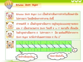 Bitwise Shift Right
Bitwise Shift Right (>>) เป็นตัวดำเนินกำรสำหรับเลื่อนค่ำบิต
ไปทำงขวำ โดยมีหลักกำรทำงำน ดังนี้
กำหนดให้ X เป็นตัวถูกดำเนินกำร (อยู่ในรูปแบบเลขฐำนสอง)
และ Y เป็นจำนวนกำร Shift โดยที่ X >> Y หมำยถึง เลื่อนบิต
ในตัวถูกดำเนินกำร X ไปทำงขวำ Y บิต ผลลัพธ์ที่ได้จำกกำร
Shift Right จะได้เท่ำกับผลหำรของ X กับ 2Y
1

1

0

1

…

1

0

1

0

0

0

1

0

…

0

1

0

1

บิตซ้ำยมือสุดเติม 0

บิตขวำมือตัดทิ้ง

0

 