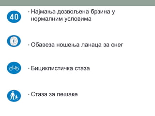 • Најмања дозвољена брзина у

нормалним условима

• Обавеза ношења ланаца за снег

• Бициклистичка стаза

• Стаза за пешаке

 
