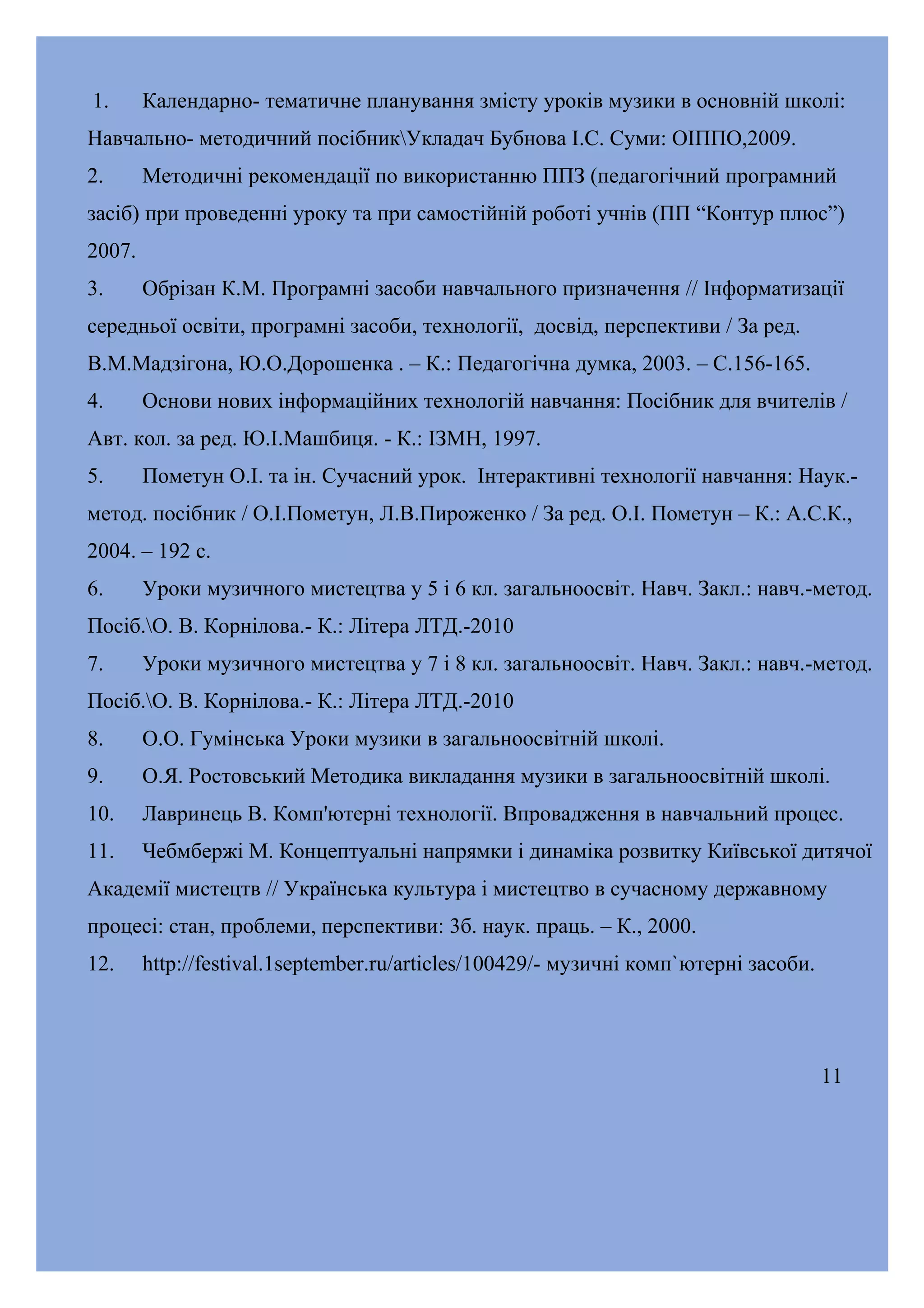 1.

Календарно- тематичне планування змісту уроків музики в основній школі:

Навчально- методичний посібникУкладач Бубнова І.С. Суми: ОІППО,2009.
2.

Методичні рекомендації по використанню ППЗ (педагогічний програмний

засіб) при проведенні уроку та при самостійній роботі учнів (ПП “Контур плюс”)
2007.
3.

Обрізан К.М. Програмні засоби навчального призначення // Інформатизації

середньої освіти, програмні засоби, технології, досвід, перспективи / За ред.
В.М.Мадзігона, Ю.О.Дорошенка . – К.: Педагогічна думка, 2003. – С.156-165.
4.

Основи нових інформаційних технологій навчання: Посібник для вчителів /

Авт. кол. за ред. Ю.І.Машбиця. - К.: ІЗМН, 1997.
5.

Пометун О.І. та ін. Сучасний урок. Інтерактивні технології навчання: Наук.-

метод. посібник / О.І.Пометун, Л.В.Пироженко / За ред. О.І. Пометун – К.: А.С.К.,
2004. – 192 с.
6.

Уроки музичного мистецтва у 5 і 6 кл. загальноосвіт. Навч. Закл.: навч.-метод.

Посіб.О. В. Корнілова.- К.: Літера ЛТД.-2010
7.

Уроки музичного мистецтва у 7 і 8 кл. загальноосвіт. Навч. Закл.: навч.-метод.

Посіб.О. В. Корнілова.- К.: Літера ЛТД.-2010
8.

О.О. Гумінська Уроки музики в загальноосвітній школі.

9.

О.Я. Ростовський Методика викладання музики в загальноосвітній школі.

10.

Лавринець В. Комп'ютерні технології. Впровадження в навчальний процес.

11.

Чебмбержі М. Концептуальні напрямки і динаміка розвитку Київської дитячої

Академії мистецтв // Українська культура і мистецтво в сучасному державному
процесі: стан, проблеми, перспективи: 3б. наук. праць. – К., 2000.
12.

http://festival.1september.ru/articles/100429/- музичні комп`ютерні засоби.

11

 