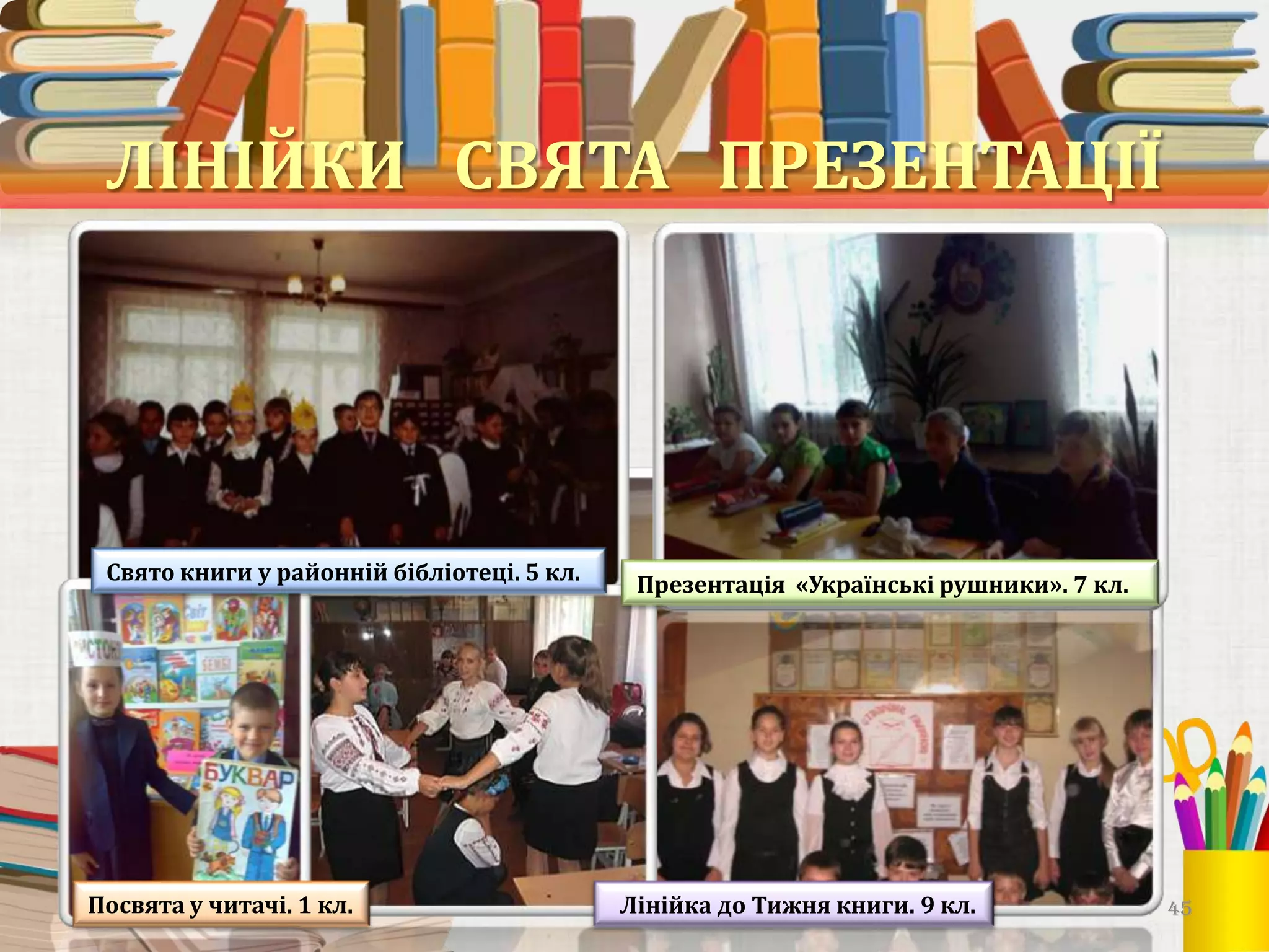 ЛІНІЙКИ СВЯТА ПРЕЗЕНТАЦІЇ

Свято книги у районній бібліотеці. 5 кл.

Посвята у читачі. 1 кл.

Презентація «Українські рушники». 7 кл.

Лінійка до Тижня книги. 9 кл.

45

 