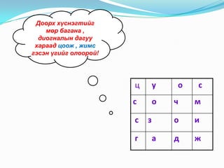 Доорх хүснэгтийг
мөр багана ,
диогналын дагуу
хараад цоож , жимс
гэсэн үгийг олоорой!

ц

у

с

о

с
г

о

с

а

м

о

з

ч

и

д

ж

 
