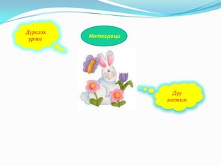 Дүрслэх
урлаг

Интеграци

Дуу
хөгжим

 