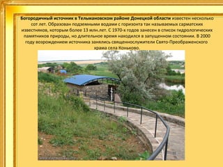 Богородичный источник в Тельмановском районе Донецкой области известен несколько 
сот лет. Образован подземными водами с горизонта так называемых сарматских 
известняков, которым более 13 млн.лет. С 1970-х годов занесен в список гидрологических 
памятников природы, но длительное время находился в запущенном состоянии. В 2000 
году возрождением источника занялись священнослужители Свято-Преображенского  
храма села Коньково.

 