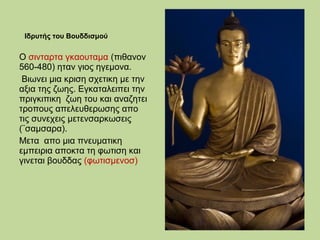 Ιδρυτής του Βουδδισμού

Ο σινταρτα γκαουταμα (πιθανον
560-480) ηταν γιος ηγεμονα.
Βιωνει μια κριση σχετικη με την
αξια της ζωης. Εγκαταλειπει την
πριγκιπικη ζωη του και αναζητει
τροπους απελευθερωσης απο
τις συνεχεις μετενσαρκωσεις
(¨σαμσαρα).
Μετα απο μια πνευματικη
εμπειρια αποκτα τη φωτιση και
γινεται βουδδας (φωτισμενοσ)

 