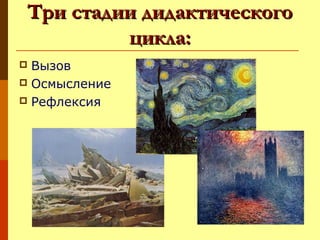 Три стадии дидактического
цикла:
Вызов
 Осмысление
 Рефлексия


 