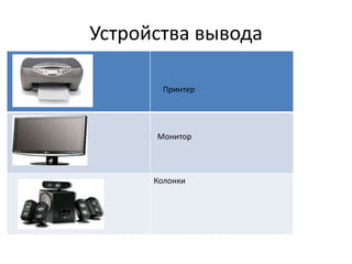 Устройства вывода
Принтер

Монитор

Колонки

 