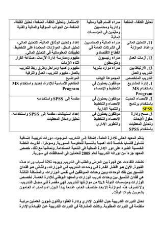 ‫تحليل الكلفة- المنفعة مدراء أقسام فنية ومالية‬
‫وإدارية ومحاسبين‬
‫ومقيمين في المؤسسات‬
‫مّ‬
‫المالية‬
‫مدراء المالية والمحاسبين‬
‫11. التحليل المالي‬
‫في الشركات العامة في‬
‫وإعداد الموازنة‬
‫القطاع القتصادي‬
‫مدراء رئيسيون‬
‫21. أزمات العمل‬
‫ومتوسطون‬
‫مدراء موارد بشرية‬
‫31. الرتباط بين‬
‫التدريب والعمل‬
‫التدريب المتخصص المجموعة الهدف‬
‫موظفون يعملون في‬
‫1. إدارة المشاريع‬
‫التخطيط والحصاء‬
‫باستخدام ‪MS‬‬
‫‪Program‬‬
‫2. الحصاء الحديث موظفون يعملون في‬
‫الحصاء والتخطيط‬
‫باستخدام برنامج‬
‫والتنمية الدارية‬
‫‪SPSS‬‬
‫موظفون يعملون في‬
‫3. مسح وإدارة‬
‫الحصاء والتخطيط‬
‫حقول البحاث‬
‫والتطوير الداري‬
‫وتحليل المعطيات‬
‫باستخدام ‪SPSS‬‬

‫الستثمار وتحليل الكلفة- المنفعة؛ تحليل الكلفة-‬
‫المنفعة من الجوانب السوقية والمالية والفنية‬
‫إعداد وتحليل الوثائق المالية، التحليل المالي،‬
‫تحليل الدخل، الموازنات المعتمدة على التخطيط،‬
‫تطبيقات المعلوماتية في التحليل المالي.‬
‫مفهوم وممارسة إدارة الزمات، صناعة القرار‬
‫أثناء الزمات‬
‫مفهوم وأهمية ومراحل وطرق ربط التدريب‬
‫بالعمل، مفهوم التدريب، العمل والترقية‬
‫المواضيع‬
‫المفاهيم الساسية للدارة، تحديد واستخدام ‪MS‬‬
‫‪Program‬‬
‫مقدمة إلى ‪ SPSS‬واستخدامه‬
‫إعداد استبيانات، مقدمة إلى ‪ SPSS‬واستخدامه،‬
‫تحليل وإدخال المعطيات‬

‫ينظم المعهد العالي للدارة العامة، إضافة إلضضى التضضدريب الموجضضود، دورات تدريبيضضة إضضضافية‬
‫تتنضضاول قضضضايا خاصضضة ذات أهميضضة بالنسضضبة للحكومضضة السضضورية. ومضضؤخرا، ألقىضضت الخطضضة‬
‫،ً‬
‫الخمسية الضوء على دور الدارة المحلية في التنمية المستدامة. وتماشيا مع ذلك، خصص‬
‫،ً‬
‫المعهد جزءا من دوراته التدريبية لعام 8002 للعاملين في المحافظات في سورية.‬
‫،ً‬
‫كشفت اللقاءات عن فجوة بين العرض والطلب في التدريب. ويوجد ثلثة أسباب وراء هضضذه‬
‫الفجوة. الول هضضو افتقضضار القضضدرة فضضي وحضضدات التضضدريب فضضي الضضوزارات، والثضضاني هضضو فقضضدان‬
‫التنسيق بين تلك الوحدات وبين وحدات المضضوظفين فضضي نفضضس الضضوزارات، والمشضضكلة الثالثضضة‬
‫هي فقدان التنسيق بين وحدات تدريب الوزارات والمعهد الضضوطني للدارة العامضضة. تخصضضص‬
‫الوزارات ومؤسسات الدولة 3 % من موازنتها للتدريب. فهي مقصرة فضضي مجضضال التضضدريب،‬
‫ول تصرف هذه الموازنضضة إل بعضضد منتصضضف العضضام، عنضضدما يبضضدأ الضضوزراء والمضضدراء العضضامون‬
‫يشعرون بفوات الوقت.‬
‫تحتل الدورات التدريبية حول القانون الداري وإدارة العقود وقانون شؤون العاملين مرتبضضة‬
‫متقدمة في الدورات المطلوبة. وكانت المشاركة في الدورات التدريبية عضن القيضضادة والدارة‬

 