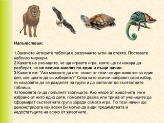 Напътствия:
1.Закачете четирите таблици в различните ъгли на стаята. Поставете
наблизо маркери.
2.Кажете на учениците, че ще играете игра, която ще ги накара да
разберат, че не всички мислят по един и същи начин.
3.Кажете им: “Ако можехте да сте някое от тези четири животни за един
ден, кое щяхте да си изберете?” След като всички направят своя избор,
ги накарайте да се разделят на групи и да застанат до съответните
таблици.
4.Помолете ги да попълнят таблиците. Ако някое от животните не е
избрано от нито едно дете, помолете двама или трима от учениците да
сформират съответната група заради самата игра. По този начин ще
демонстрирате как всеки би могъл да види предимствата и
недостатъците на всяко от животните.

 