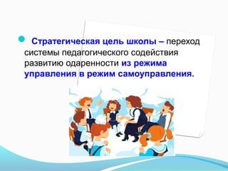  Стратегическая цель школы – переход
системы педагогического содействия
развитию одаренности из режима
управления в режим самоуправления.

 