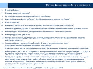 Шаги по формированию Теории изменений
1.

В чем проблема?

2.

В чем вы видите ее причины?

3.

На каком уровне вы планируете работать? («глубина»)

4.

Какого эффекта вы хотите добиться? Как будет выглядеть решение проблемы?

5.

Кого это затронет?

6.

Как можно повлиять на эти целевые группы? Какие средства можно использовать?

7.

Какие инструменты/процессы следует использовать для оказания воздействия на целевые группы?

8.

Какие ресурсы потребуются для эффективного воздействия на целевые группы?

9.

Какие ресурсы у вас уже есть?

10. Какие навыки, знания, другие ресурсы необходимо развить? Как можно задействовать ресурсы
участников процесса?
11. Кто еще работает над данной проблемой? Существуют ли возможности для
сотрудничества/партнерства Возможна ли конкуренция?
12. Хотите ли вы работать в партнерстве с кем-либо? Какие навыки партнеров вы можете использовать?
13. Как вы узнаете, что у вас все получилось? Что будет свидетельствовать о прогрессе через 1, 2, 3 года и
т.д.? Какие индикаторы вы будете использовать для измерения степени достижения целей?

14. Теперь посмотрите на то, что вы написали и примите решение о том, является ли это чем-то, над чем
ваша организация может и хочет работать? Согласна ли организация с проведенным анализом
проблем и окружения? Подходит ли предложенный план организации с точки зрения ее миссии,
дохода, знаний и существующих ограничений?
* - International Network on Strategic Philanthropy. (2005). Theory of Change Tool Manual: INSP.

4

 