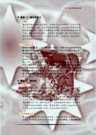 BY 生涯寶藏領航員

 職業 13：麵包製造工
工作環境:
麵包製作場所須講求清潔衛生﹐但家族式生產因規模小﹐工作空間較
窄﹐室內溫度﹑光線﹑通風等不易顧慮周全﹔但大規模生產因大多製
程係由機器操作﹐焙製人員均穿著潔白制服﹐在有空調設施的廠房內
工作﹐並專心留意機器運作﹐必要時作適當調整﹐因一切工作條件均
嚴格要求合於規定標準﹐以求產品合乎衛生。大致說來﹐麵包焙製工
的工作環境是相當舒適的。
工作時間與待遇:
家族式的麵包生產﹐
一天可能出爐一至四次﹐
烘製工的工作時間則視出
爐次數的增加而增加﹐
若上﹑
下午各出爐一次﹐
每日工作約八小時左右。
但若逢婚慶節日﹐
則可能需加班趕製。至於大規模生產工廠雇用的烘製
工﹐大多採分班制﹐每日工作約九至十一小時﹐以便上下午均能趕送新
鮮麵包至各分銷店。不過如扣除中間部分休息時間﹐每天實際工作仍約
為八小時。麵包烘製工的待遇﹐亦視工作性質及場所而定。依勞委會
90 年 5 月出版之「職業別薪資調查報告」顯示﹐麵包烘製工的待遇隨
工作場所規模而異﹐製造業之食品造工月平均薪資為 27,927 元，批發
零售及餐飲業之食品製造工月薪 23,279 元，通常待遇隨年資累積而提
高﹐
若係技術熟練的師傅每月待遇更可能高達數萬元。家族式生產場所
若係雇用他人﹐往往有食宿供應。

 職業 14：舞蹈家
工作環境:
舞者從小接受訓練，到成為職業舞者、教師、編舞家，一直在這樣簡
單的空間裡工作。這樣空曠的天地任由他奔馳、跳躍，也為他提供無
限的挑戰與無限的可能。
舞蹈課通常集體進行，舞蹈作品除了獨舞、雙人舞，也大多以群體方
式呈現。舞者不管上課或排練，基本上是在團體合作的情況下進行。
職業舞者共聚一堂，攜手完成作品，日夜相處地旅行演出，在生活與
工作上都有密切的關係。因此，舞者在課堂、在舞台上彼此競爭、合
作，在生活中相互鼓勵、安慰，往往成為終生的摯友。
工作時間與待遇:
基本而言，舞者的精神生活極為豐富，金錢的報償則不及商界人士。
由於台灣的職業性舞團仍在開展階段，以「雲門舞集」一個全職的民
10

 