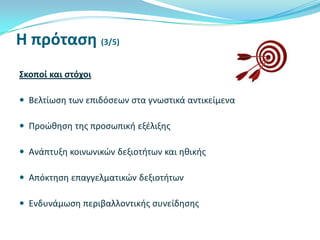 Η πρόταςη (3/5)
Σκοποί και ςτόχοι
 Βελτίωςθ των επιδόςεων ςτα γνωςτικά αντικείμενα
 Προώκθςθ τθσ προςωπικι εξζλιξθσ
 Ανάπτυξθ κοινωνικών δεξιοτιτων και θκικισ
 Απόκτθςθ επαγγελματικών δεξιοτιτων
 Ενδυνάμωςθ περιβαλλοντικισ ςυνείδθςθσ

 