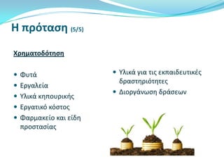 Η πρόταςη (5/5)
Χρηματοδότηςη
 Φυτά
 Εργαλεία
 Υλικά κθπουρικισ
 Εργατικό κόςτοσ
 Φαρμακείο και είδθ

προςταςίασ

 Υλικά για τισ εκπαιδευτικζσ

δραςτθριότθτεσ
 Διοργάνωςθ δράςεων

 