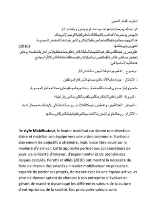 .
.

-

.

.

-

le style Mobilisateur, le leader mobilisateur donne une direction
claire et mobilise son équipe vers une vision commune. Il articule
clairement les objectifs à atteindre, mais laisse libre court sur la
manière d'y arriver. Cette approche permet aux collaborateurs de
jouir de la liberté d'innover, d'expérimenter et de prendre des
risques calculés. Peretti et alliés (2010) ont montré la nécessité de
faire de chacun des salariés un leader mobilisateur en puissance,
capable de porter ses projets, de mener avec lui une équipe active, et
ainsi de donner autant de chances à son entreprise d'évoluer en
gérant de manière dynamique les différentes valeurs de la culture
d’entreprise ou de la société. Ces principales valeurs sont:

 