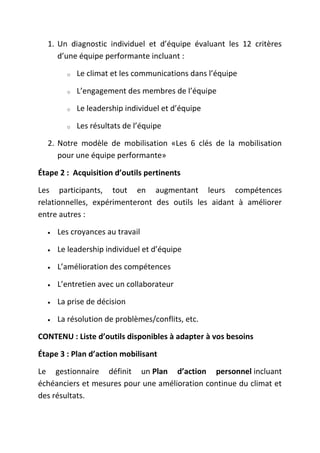 1. Un diagnostic individuel et d’équipe évaluant les 12 critères
d’une équipe performante incluant :
o

Le climat et les communications dans l’équipe

o

L’engagement des membres de l’équipe

o

Le leadership individuel et d’équipe

o

Les résultats de l’équipe

2. Notre modèle de mobilisation «Les 6 clés de la mobilisation
pour une équipe performante»
Étape 2 : Acquisition d’outils pertinents
Les participants, tout en augmentant leurs compétences
relationnelles, expérimenteront des outils les aidant à améliorer
entre autres :
Les croyances au travail
Le leadership individuel et d’équipe
L’amélioration des compétences
L’entretien avec un collaborateur
La prise de décision
La résolution de problèmes/conflits, etc.
CONTENU : Liste d’outils disponibles à adapter à vos besoins
Étape 3 : Plan d’action mobilisant
Le gestionnaire définit un Plan d’action personnel incluant
échéanciers et mesures pour une amélioration continue du climat et
des résultats.

 