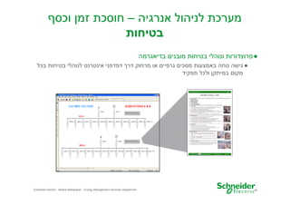 ‫מערכת לניהול אנרגיה – חוסכת זמ וכס‬
‫בטיחות‬
‫● פרוצדורות ונוהלי בטיחות מובני בדיאגרמה‬
‫● גישה נוחה באמצעות מסכי גרפיי או מרחוק דר דפדפני אינטרנט לנוהלי בטיחות בכל‬
‫מקו במיתק ולכל תפקיד‬

‫62‬

‫‪Schneider Electric - Moshe Maharaban - Energy Management Services Department‬‬

 