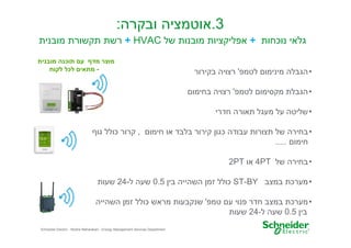 ‫3.אוטמציה ובקרה:‬
‫גלאי נוכחות + אפליקציות מובנות של ‪ + HVAC‬רשת תקשורת מובנית‬
‫מוצר מד ע תוכנה מובנית‬
‫- מתאי לכל לקוח‬

‫• הגבלה מינימו לטמפ' רצויה בקירור‬
‫• הגבלת מקסימו לטמפ' רצויה בחימו‬
‫• שליטה על מעגל תאורה חדרי‬
‫• בחירה של תצורות עבודה כגו קירור בלבד או חימו‬
‫חימו .....‬

‫, קרור כולל גו‬

‫• בחירה של ‪ 4PT‬או ‪2PT‬‬
‫• מערכת במצב ‪ ST-BY‬כולל זמ השהייה בי 5.0 שעה ל-42 שעות‬
‫• מערכת במצב חדר פנוי ע טמפ' שנקבעות מראש כולל זמ השהייה‬
‫בי 5.0 שעה ל-42 שעות‬
‫7‬

‫‪Schneider Electric - Moshe Maharaban - Energy Management Services Department‬‬

 