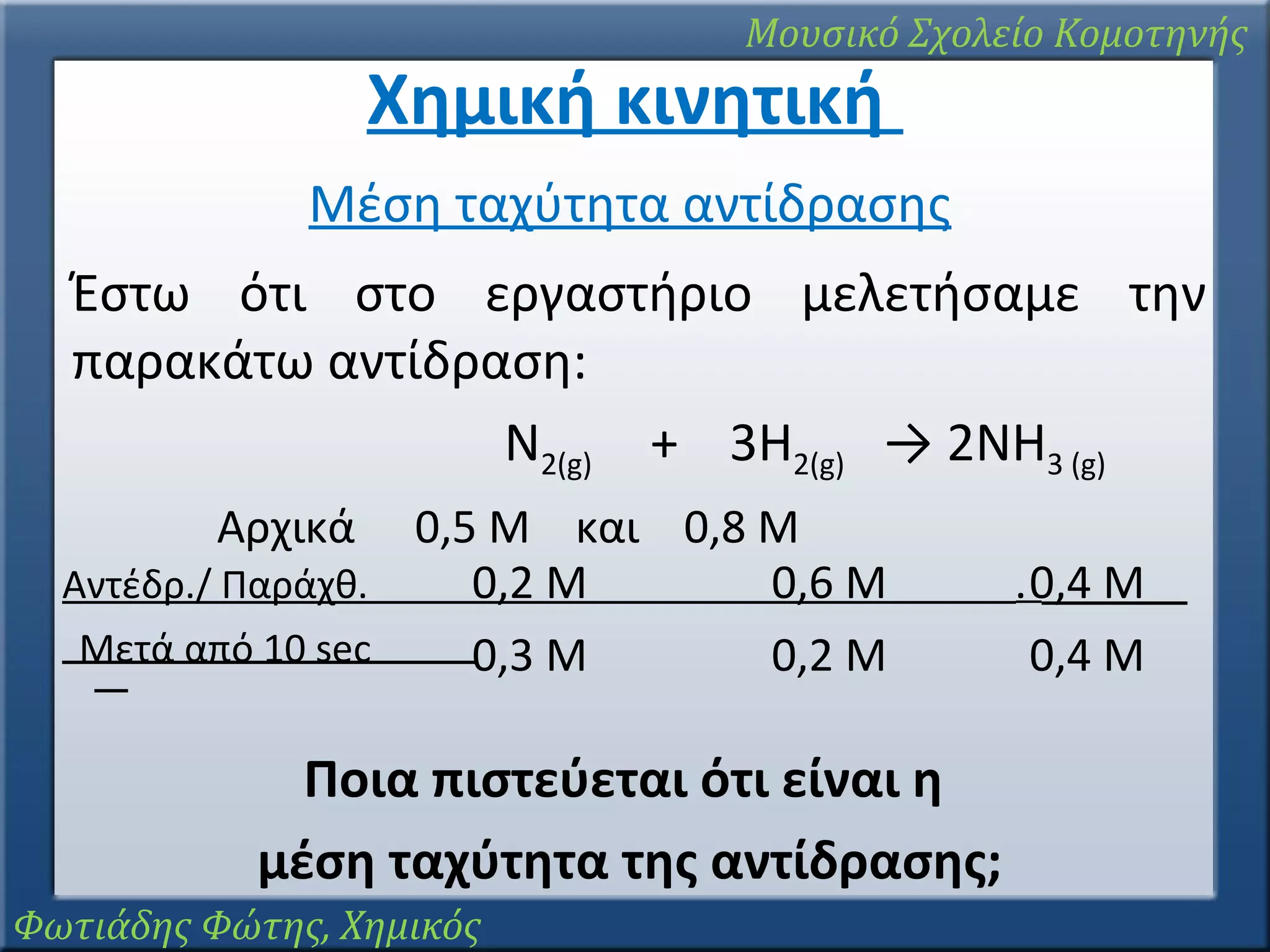 Μουσικό Σχολείο Κομοτηνής

Χημική κινητική

Μέση ταχύτητα αντίδρασης
Έστω ότι στο εργαστήριο μελετήσαμε την
παρακάτω αντίδραση:
N2(g) + 3H2(g) → 2ΝΗ3 (g)
Αρχικά

Αντέδρ./ Παράχθ.
Μετά από 10 sec

0,5 Μ
0,2 Μ
0,3 Μ

και

0,8 Μ
0,6 Μ
0,2 Μ

Ποια πιστεύεται ότι είναι η
μέση ταχύτητα της αντίδρασης;
Φωτιάδης Φώτης, Χημικός

0,4 Μ
0,4 Μ

 