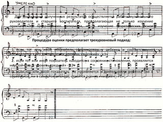 Для достижения полученных результатов осуществляется работа музыкального
руководителя и старшего воспитателя, предполагающая не только изучение
практического программного материала, но и изучение теоретических основ
музыкального развития детей дошкольного возраста.
Процедура оценки предполагает трехуровневый подход:
1. если тот или иной показатель сформирован у ребенка и соответственно
наблюдается в его деятельности, уровень «высокий» - «3»
2. если тот или иной показатель находится в состоянии становления, проявляется
неустойчиво, « уровень средний» - «2»
3. если тот или иной показатель не проявляется в деятельности ребенка (ни в
совместной, ни в самостоятельной), ставится оценка «низкий» - «1»

 