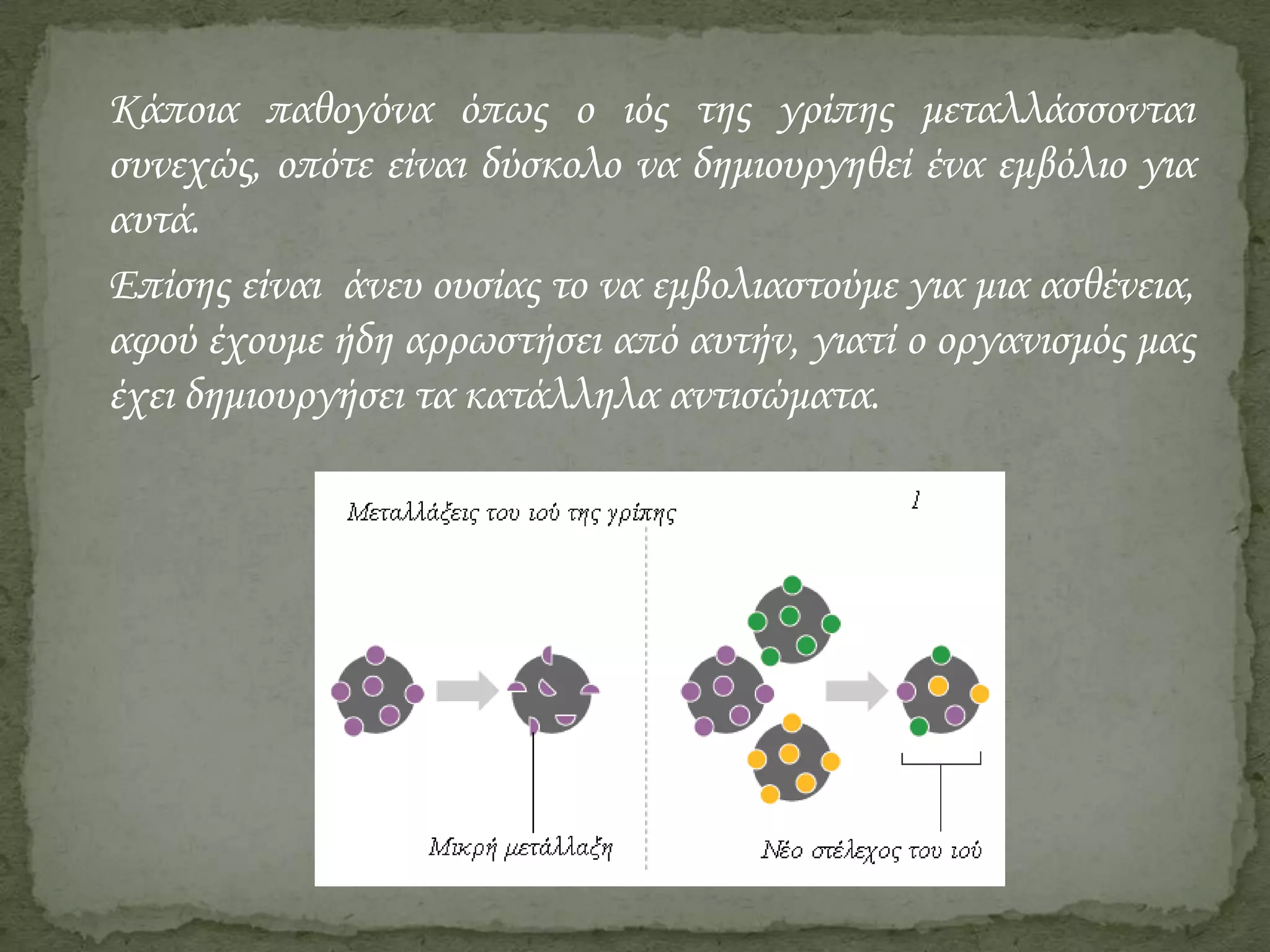 Κάποια παθογόνα όπως ο ιός της γρίπης μεταλλάσσονται
συνεχώς, οπότε είναι δύσκολο να δημιουργηθεί ένα εμβόλιο για
αυτά.
Επίσης είναι άνευ ουσίας το να εμβολιαστούμε για μια ασθένεια,
αφού έχουμε ήδη αρρωστήσει από αυτήν, γιατί ο οργανισμός μας
έχει δημιουργήσει τα κατάλληλα αντισώματα.

 