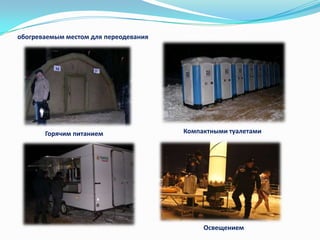 обогреваемым местом для переодевания

Горячим питанием

Компактными туалетами

Освещением

 